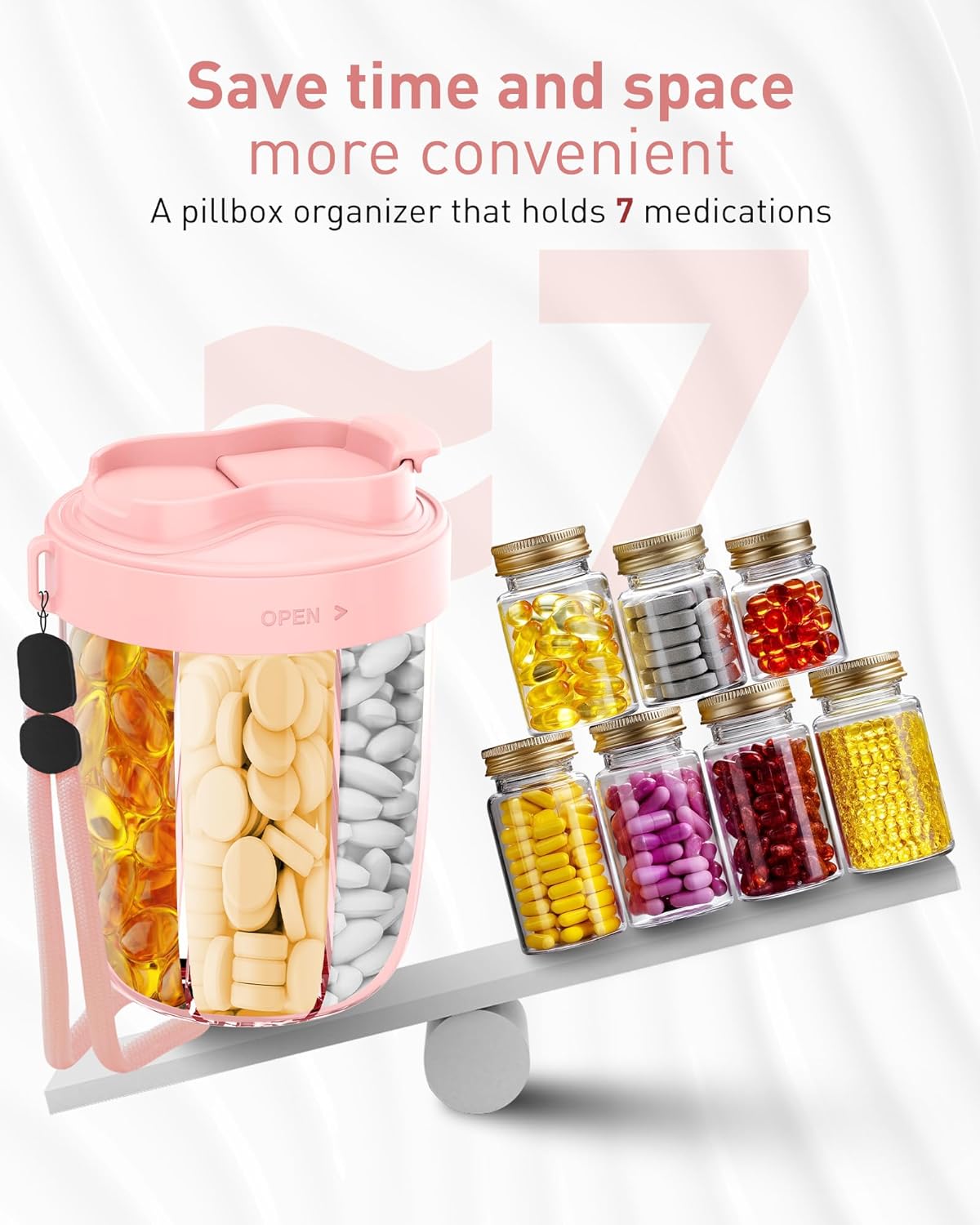 Large Pill Organizer,Supplement Organizer for 7 Different Vitamins,Pill Dispenser with Anti-Mixing Design,Easy to Retrieve Meds,Includes 20 Pcs Labels,Travel Pill Organizer(Pink)