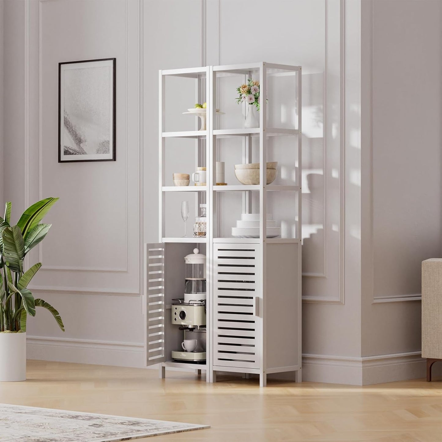 HITNET Bathroom Tall Cabinet, Floor Standing Bamboo Storage Cabinet with 6 Shelves and Shutter Door for Kitchen Living Room, White