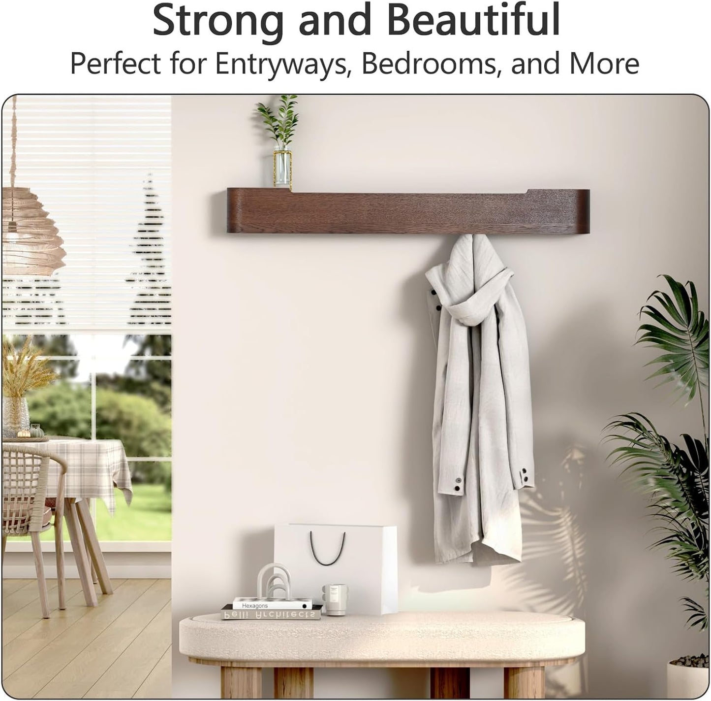 Coat Rack Wall Mount with Hidden Hooks Modern Key Holder Wood Entryway Hook with Shelf for Bedroom Kitchen Hallway Bathroom Designed for Hanging Coats Hats Bags Towel Dog Leashe(Walnut,8 Hooks)
