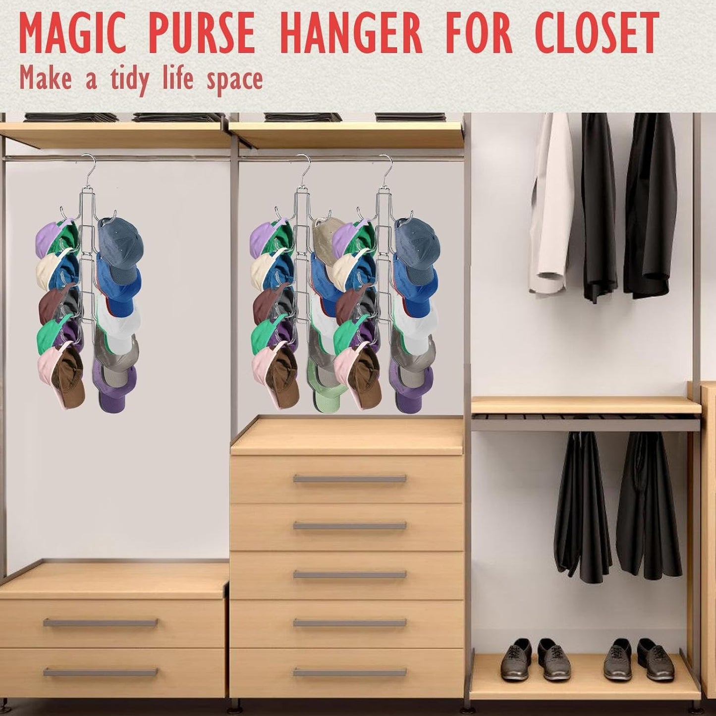 Hat Organizer for Closet, Collapsible Caps Rack with 10 Rotatable Large Hooks, Holds Up to 40 Baseball Caps, Metal Space Saving Hat Hanger for Display, Storage and Closet Organizers, Silver