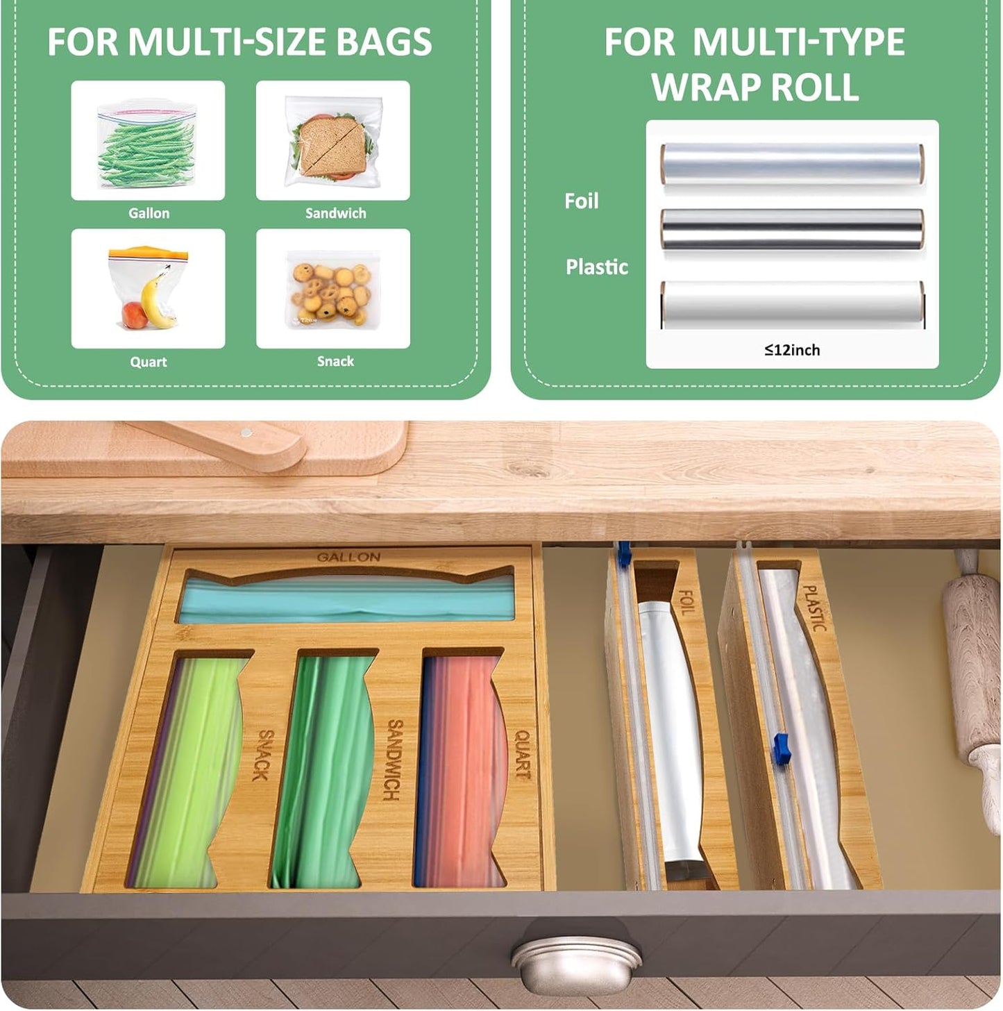 6-in-1 Magnetic Bamboo Drawer Organizer for Food Bags and Wraps Adjustable Compartment Storage with Dispenser and Cutter Fits Gallon Quart Sandwich and Snack Sizes