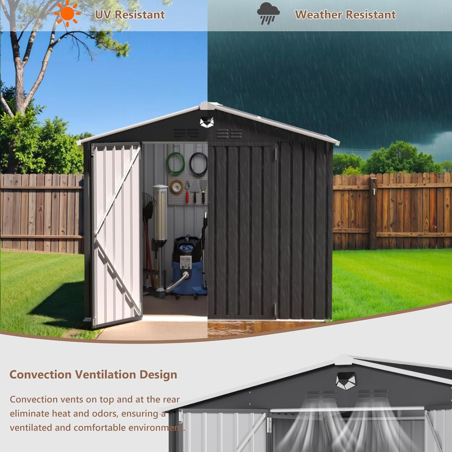 8x6 FT Outdoor Storage Shed, Metal Garden Shed - Tool Storage Sheds with Lockable Doors & 1 Clear Window, Waterproof Outside Storage Building for Backyard, Patio (Black; Floor Not Included)