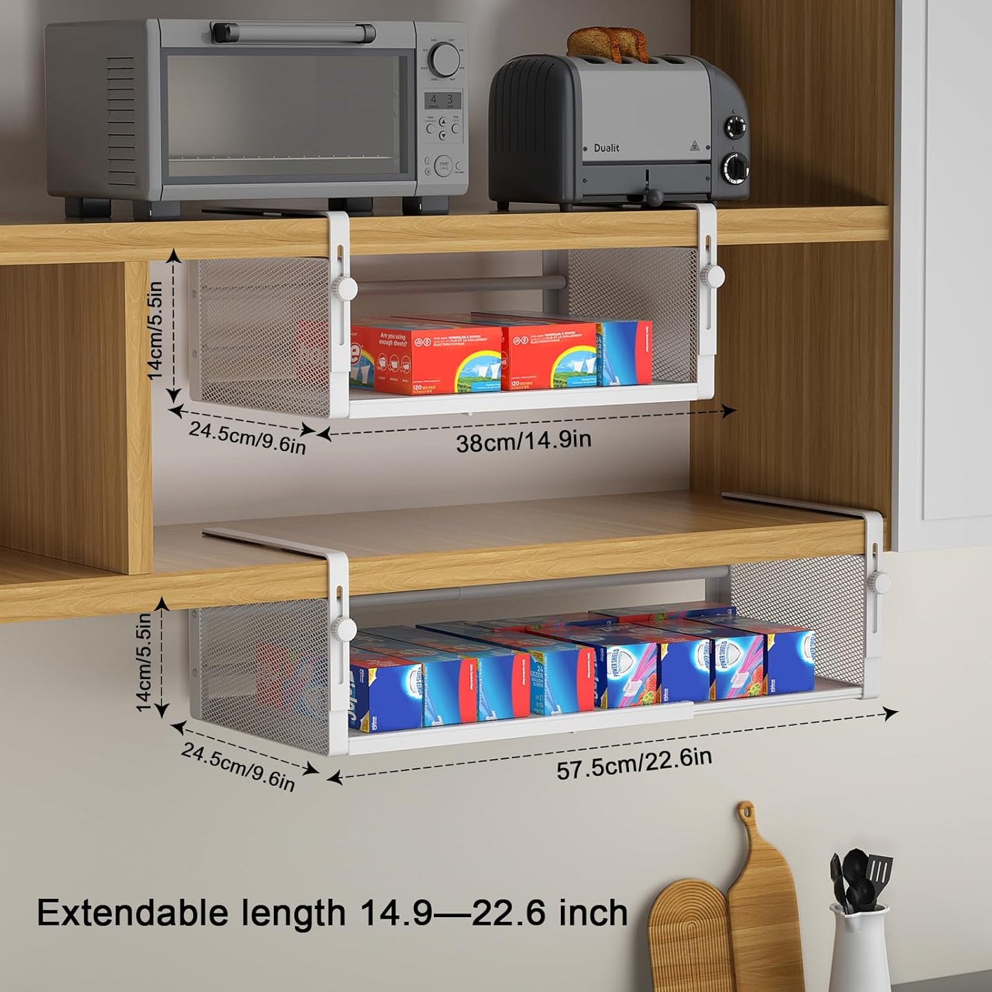 2Pack Under Shelf Basket, Adjustable Hanging Under Cabinet Shelf Storage, Hanging Holder Length Stretchable 14.9-22.6Inch for Kitchen Pantry Desk Counter Bookshelf Cupboard (White)