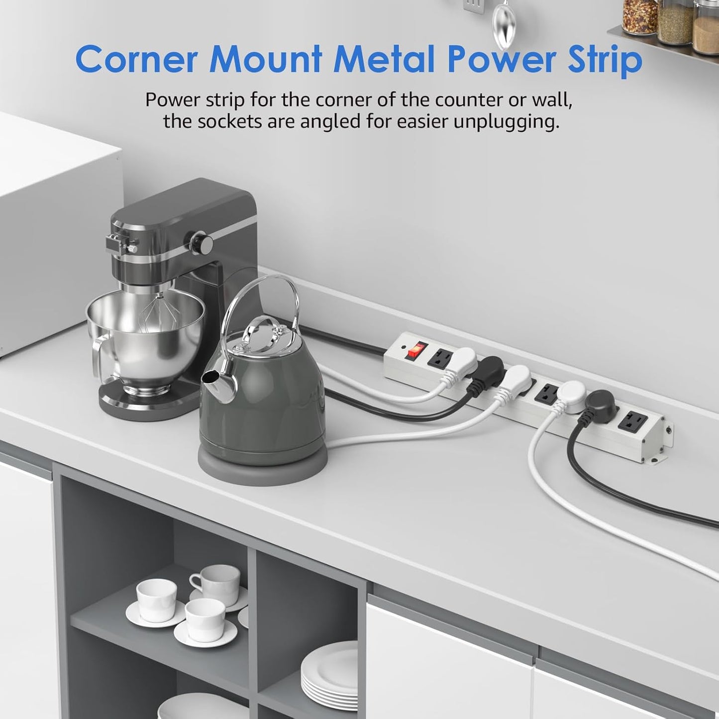 CCCEI Corner Mount Angle Power Strip, Under Cabinet Heavy Duty 8 Outlets Power Strip 20Amp, Metal Underneath Desk Plug Surge Protector, Wall Mountable, for Garage, Shop, Kitchen. 6FT Extension Cord.