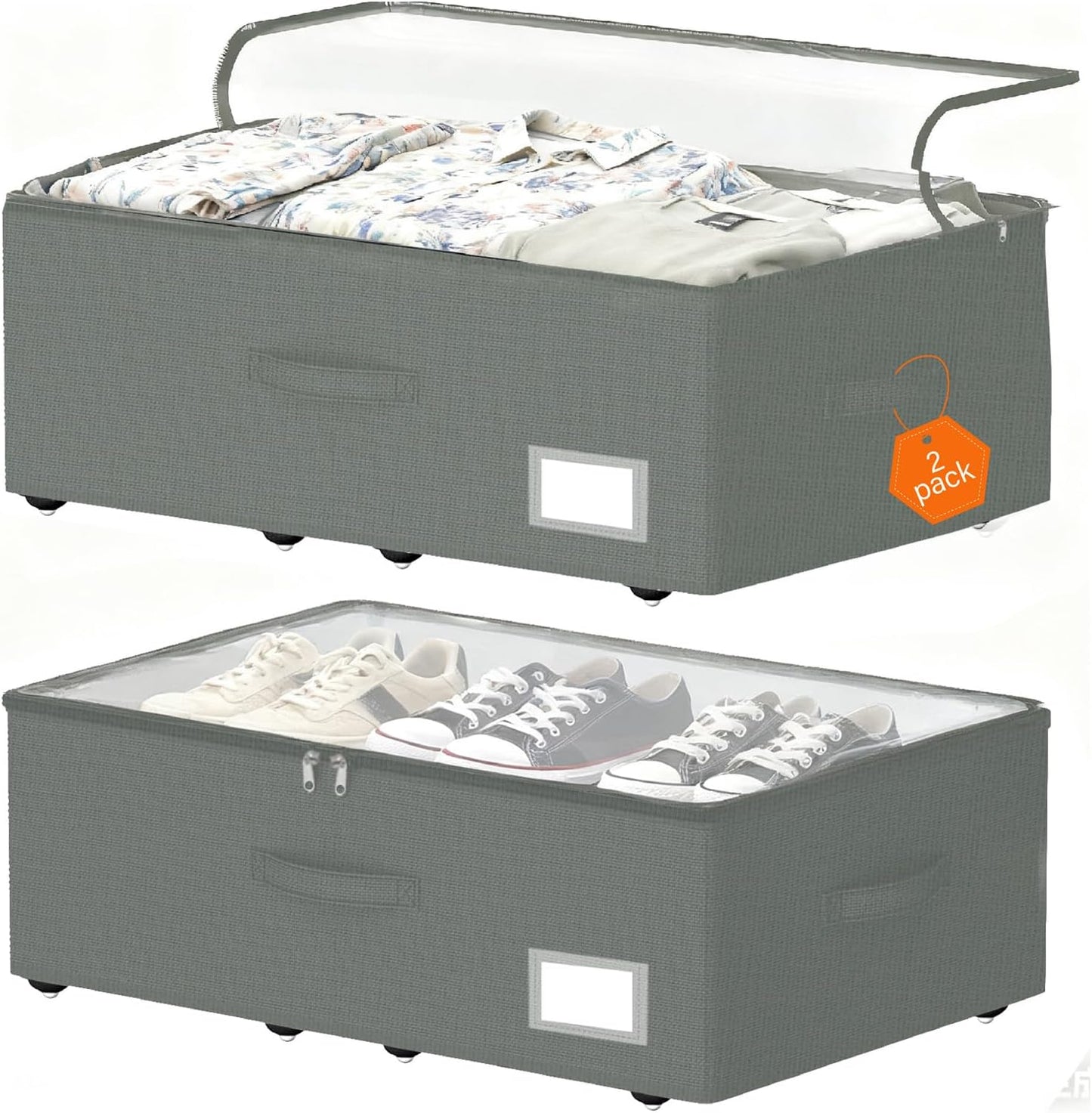 Under Bed Storage with Wheels, 2-Pack Under Bed Storage Containers, No Assemble Required 10 inches Height, Rolling underbed storage Drawers, Underbed Storage Bins for Shoes, Clothes, Blankets, Toys