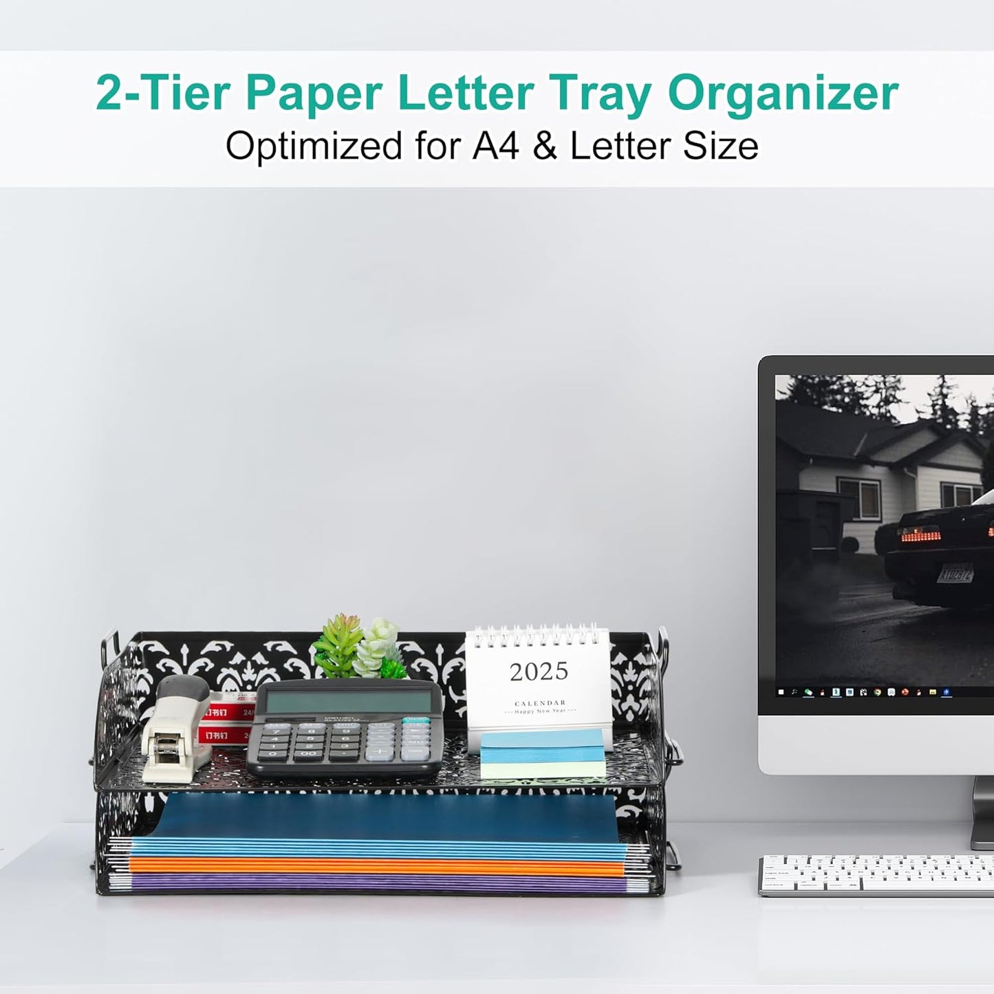 EasyPAG Paper Organizer for Desk 2 Tier Stackable Paper Tray for A4 Legal Size Folders Metal File Storage Desktop Organizer for Home Office School Teacher, Black