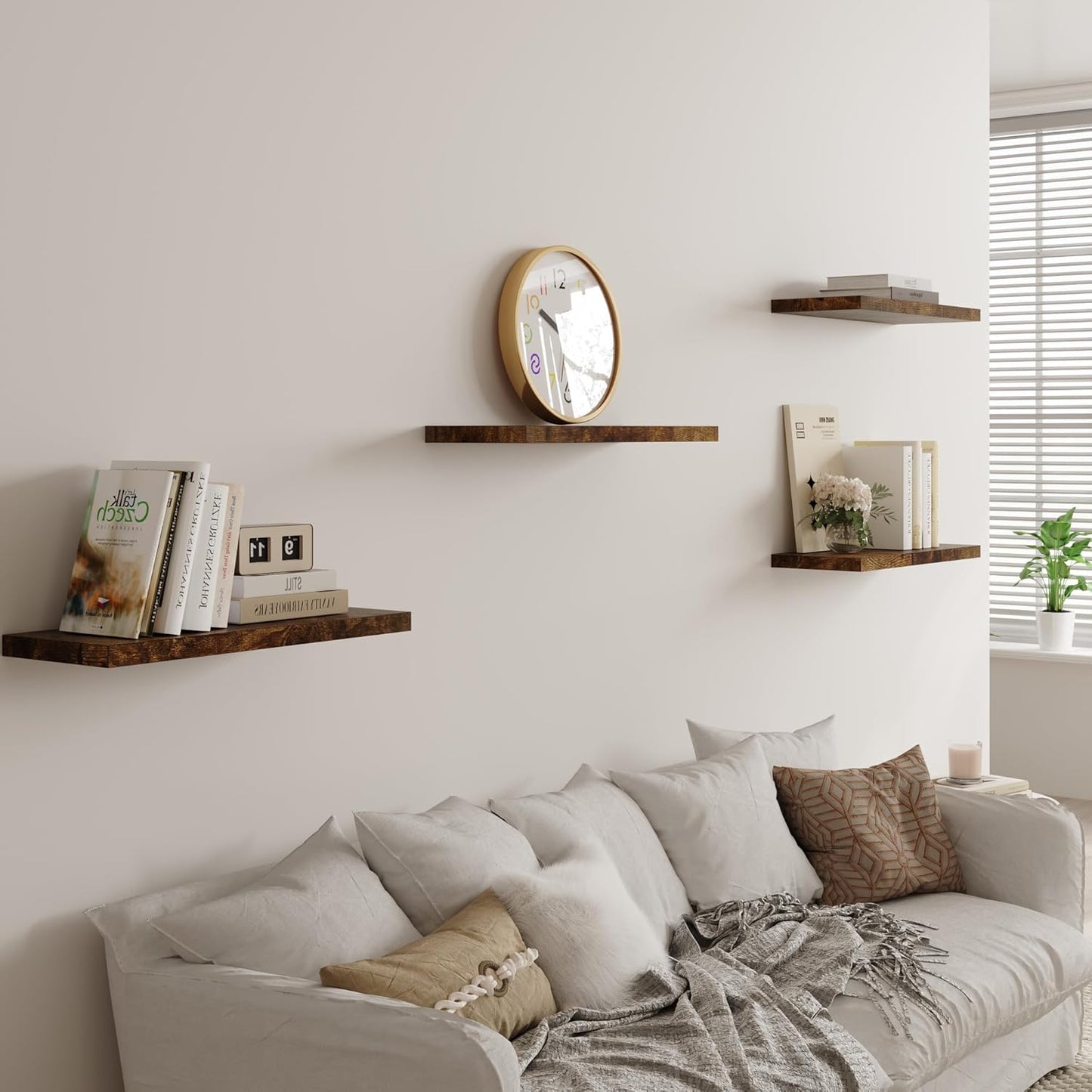 Wall Shelf Set of 3, Rustic Brown Floating Shelves 36 in W x 10 in D x 1 in H, Wooden Floating Wall Shelf with Invisible Brackets for Living Room/Bedroom/Bathroom/Kitchen Storage and Decor