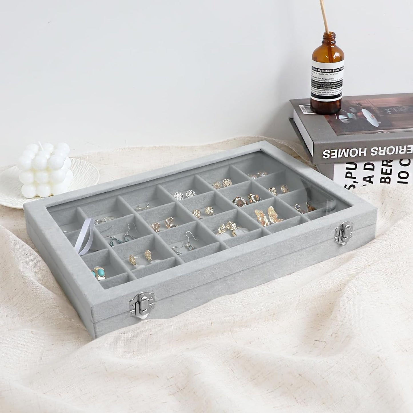 Wudygirl Jewelry Organizer Velvet Jewelry Tray 24 Grid Jewelry Box Earring Holder Organizer Removable Display Case Organizer Glass Top Lid & Lock (24 Grid)