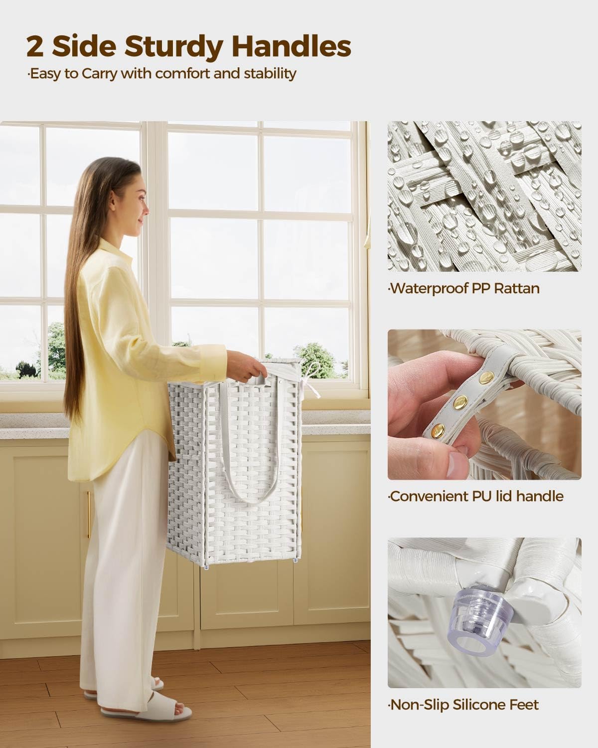 Greenstell Laundry Hamper with Wheels&Lid,130L Large 3 Sections Clothes Hamper with 2 Types Removable Liner Bags, 5 Mesh Laundry Bags, Handwoven Divided Laundry Basket White