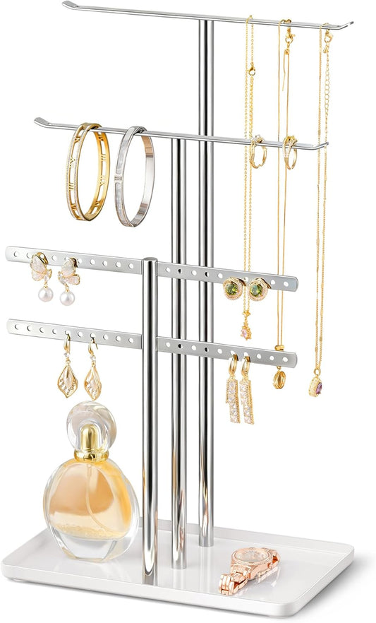 pickpiff Silver Jewelry Stand Holder Organizer: 14.5" Sturdy Hanger for 80 Pcs Jewelry, Chrome Jewlery Tower for Display Necklace, Earring, Bracelet, Watch