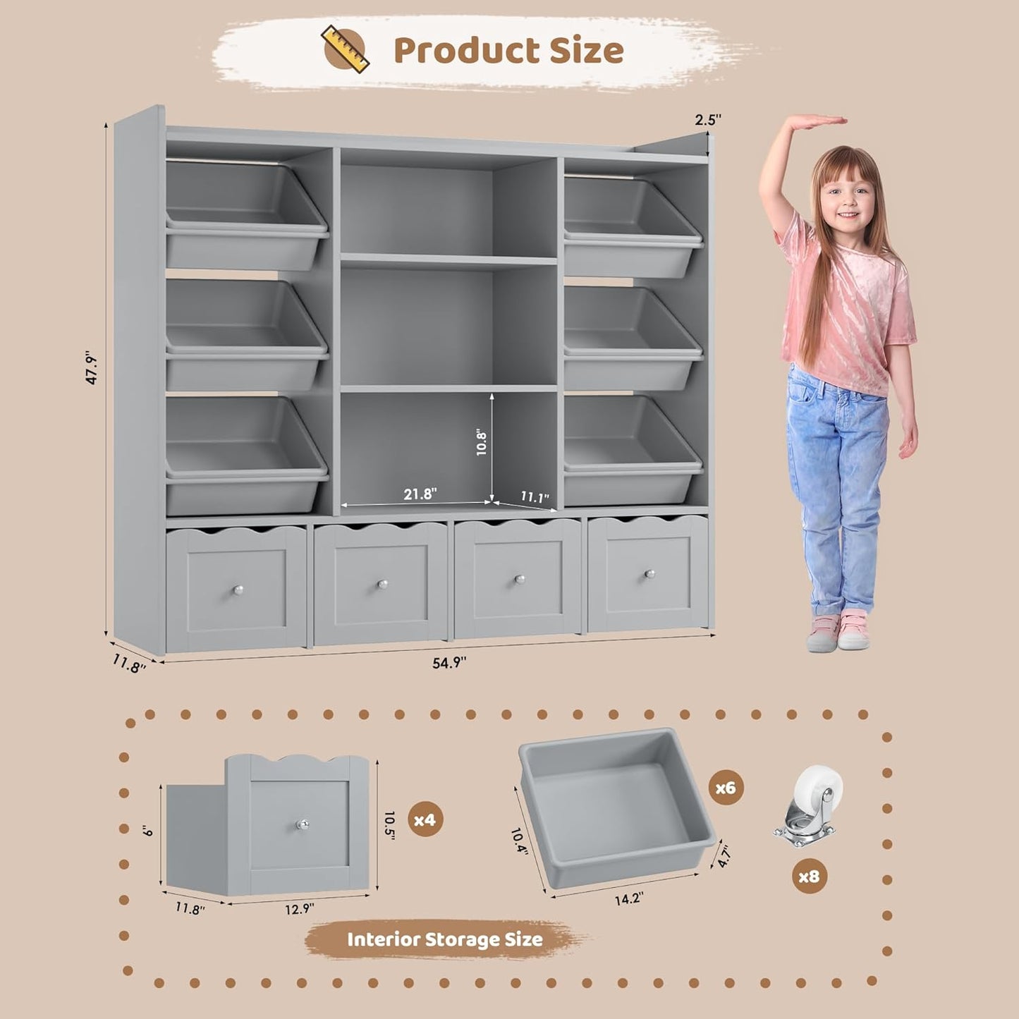 HITHOS 55" W Kids Toy Storage Organizer, Large Toy Box with Bookshelf, Toy Chest with 3 Cubes Storage Organizer, 6 Toy Organizers and Storage Bins, 4 Rolling Drawers for Kids Room, Playroom, Gray