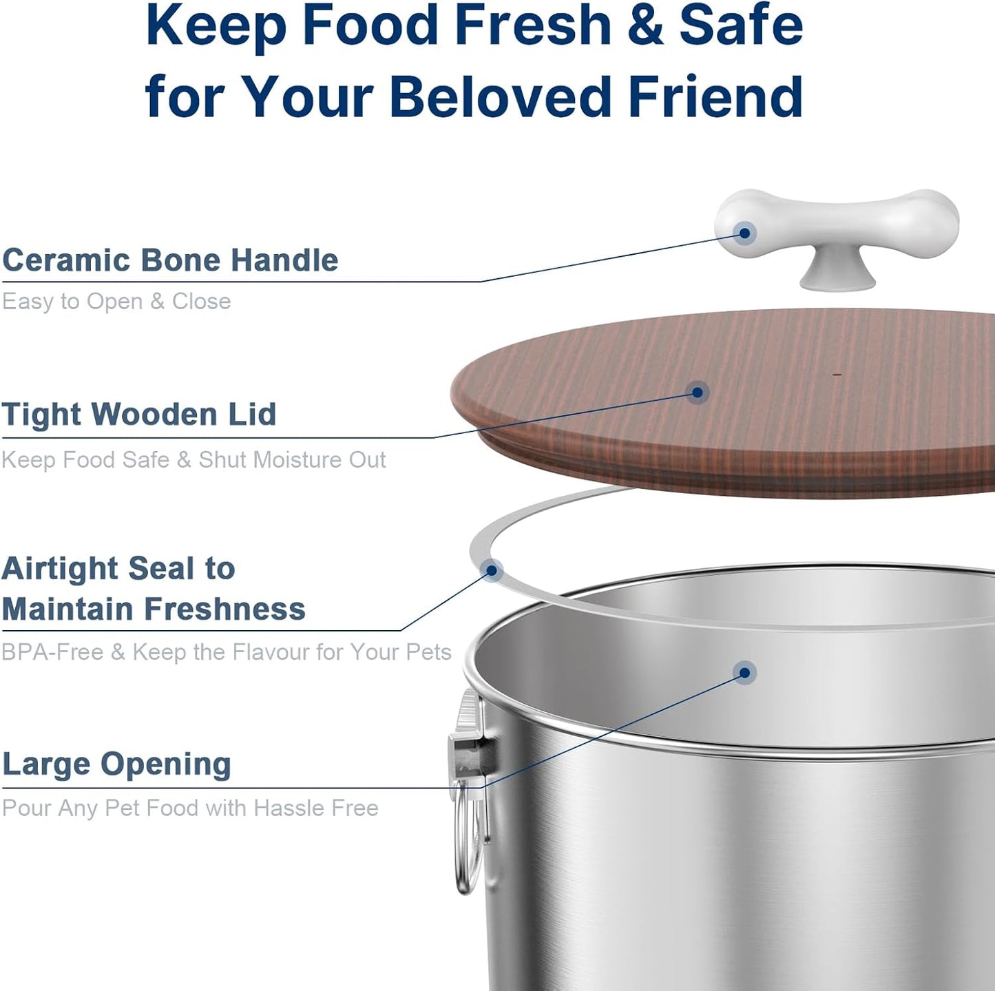 25 Lbs Stainless Steel Dog Food Storage Container with Airtight Wooden Lid & Ceramic Bone Handle, Large Metal Dog Food Bin for Dogs & Cats, Keep Fresh, Easy to Clean