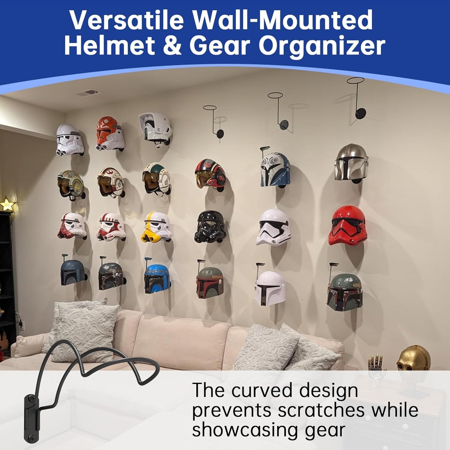 4-Pack Wall-Mounted Multi-Purpose Helmet Storage Display Rack - Durable Metal Hanger Hook for Equestrian, Motorcycle, Baseball, Hockey, Rugby & Electronic Helmets | Heavy-Duty Construction with Screws