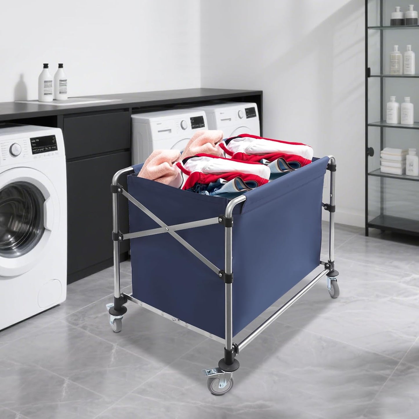 Commercial Laundry Cart with Wheels,Folding Laundry Hamper Cart,Heavy Duty Rolling Laundry Basket with Large Capacity,Laundry Sorter Trolley for Home Hotel Apartment (Blue, 35.43 * 23.62 * 34.65in)
