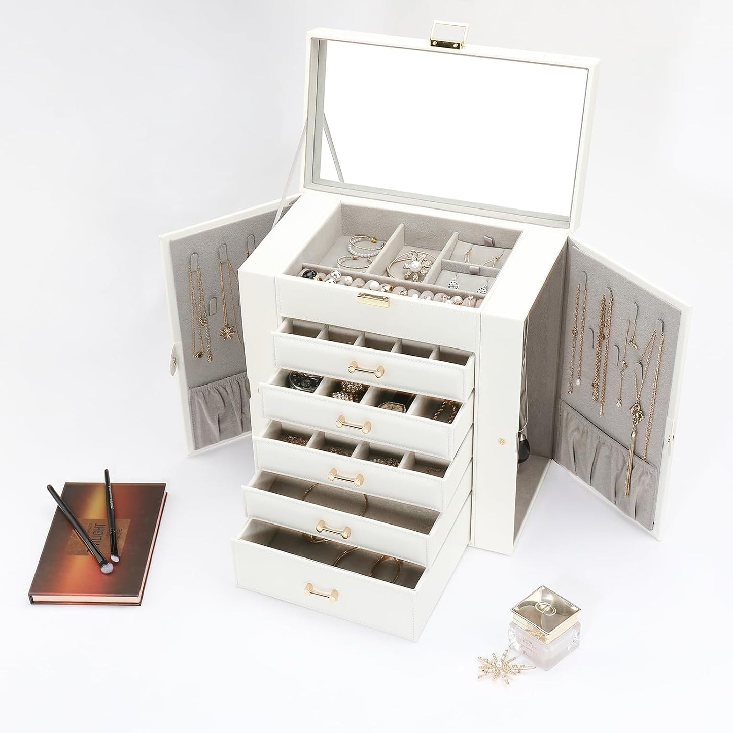 Jewelry Box with Mirror, White - Large Jewelry Organizer and Storage for Women