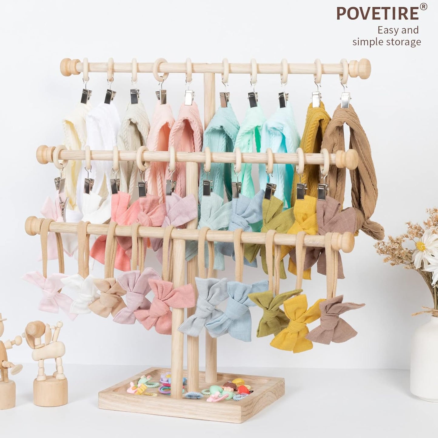POVETIRE Headband Holder Stand Storage for Baby, 3 Tier Wooden Bow Organizer for Girls Hair Bows, Infant Hair Accessories Rack Display for Nursery Decor