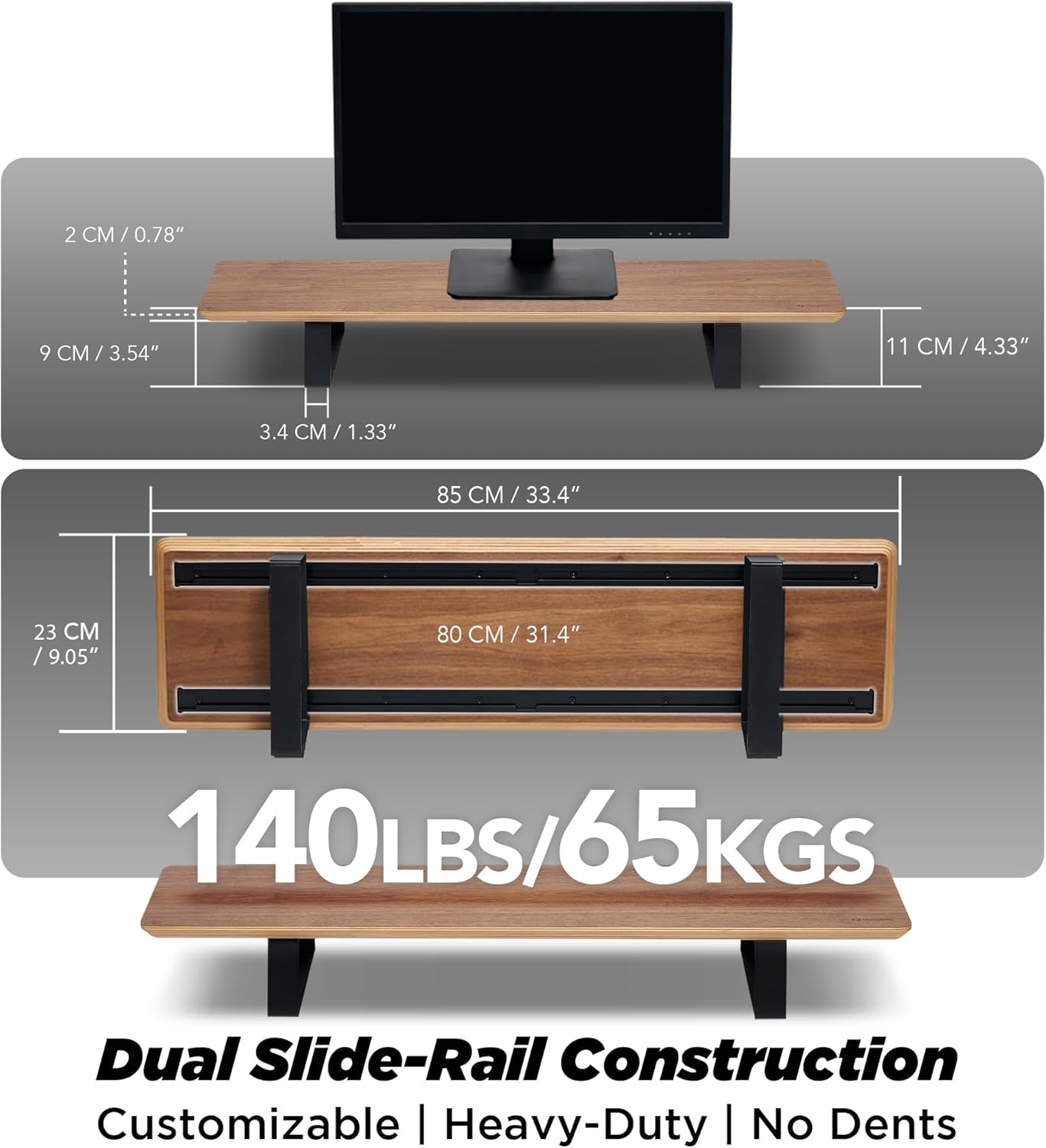 Moodular Wooden Monitor Stand 33.4” (85cm) Desk Organizer with Metal Slide Rails for Drawer, Tray, Laptop, Tablet, Phone & Headphones Customizable Riser for Organized Workspace Walnut MS85-W