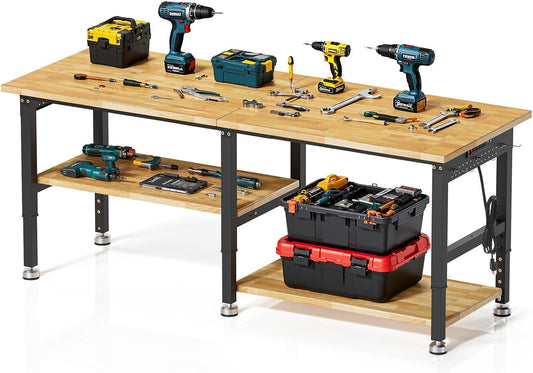 84” Heavy Duty Work Bench, 2-Layer Adjustable Workbench, 5000 LBS Capacity Work Bench with Power Outlet & Pegboard, Rubber Wood Work Table for Garage, Workshop, Office, Home