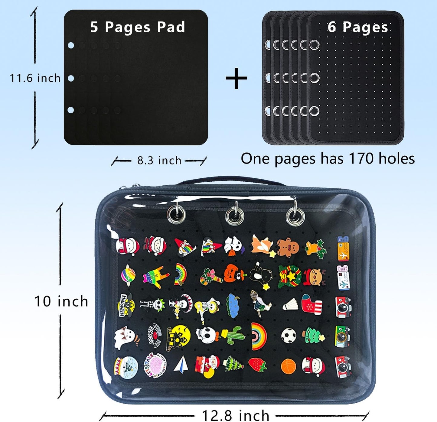 6-Page Enamel Pin Display Bag - Organize Collectibles, Brooches, Medals & More (6 Black Pages + 5 Spacers)