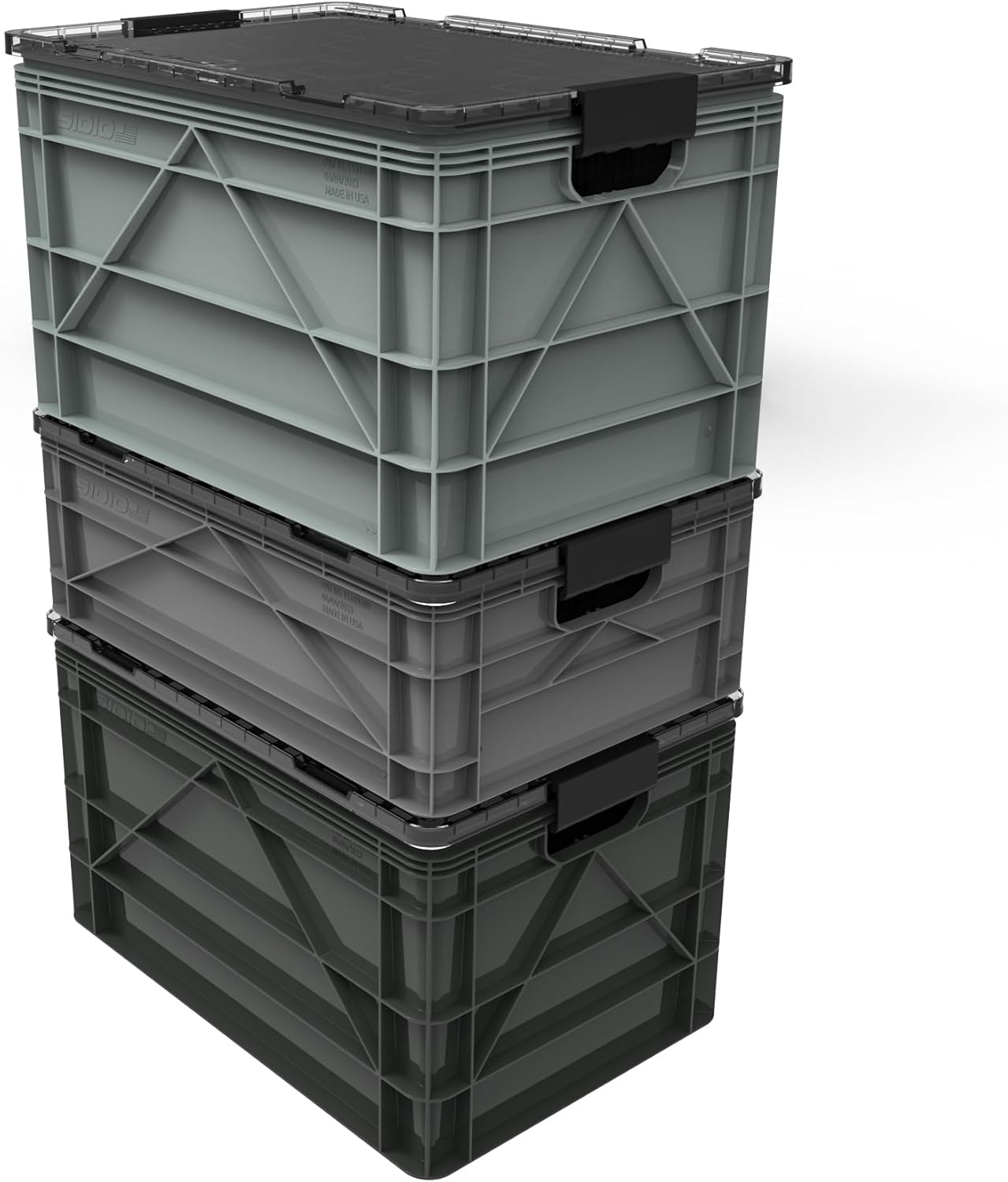 SIDIO CRATE Pro Pack - Two Full Size and One Half Size Heavy Duty Stackable Storage Bins, Totes and Containers with Lids and Dividers - Durable Organizer for Home, Office, Garage, and Outdoor Use