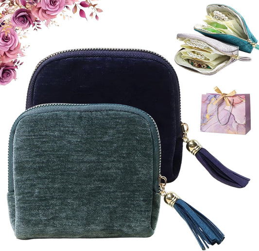 Travel Jewelry Case, Portable Jewelry Storage Bag, Compact Foldable Five Compartments Organizer Pouch with Zipper & Tassel for Earring Necklace Ring Bracelet (2pcs-C)