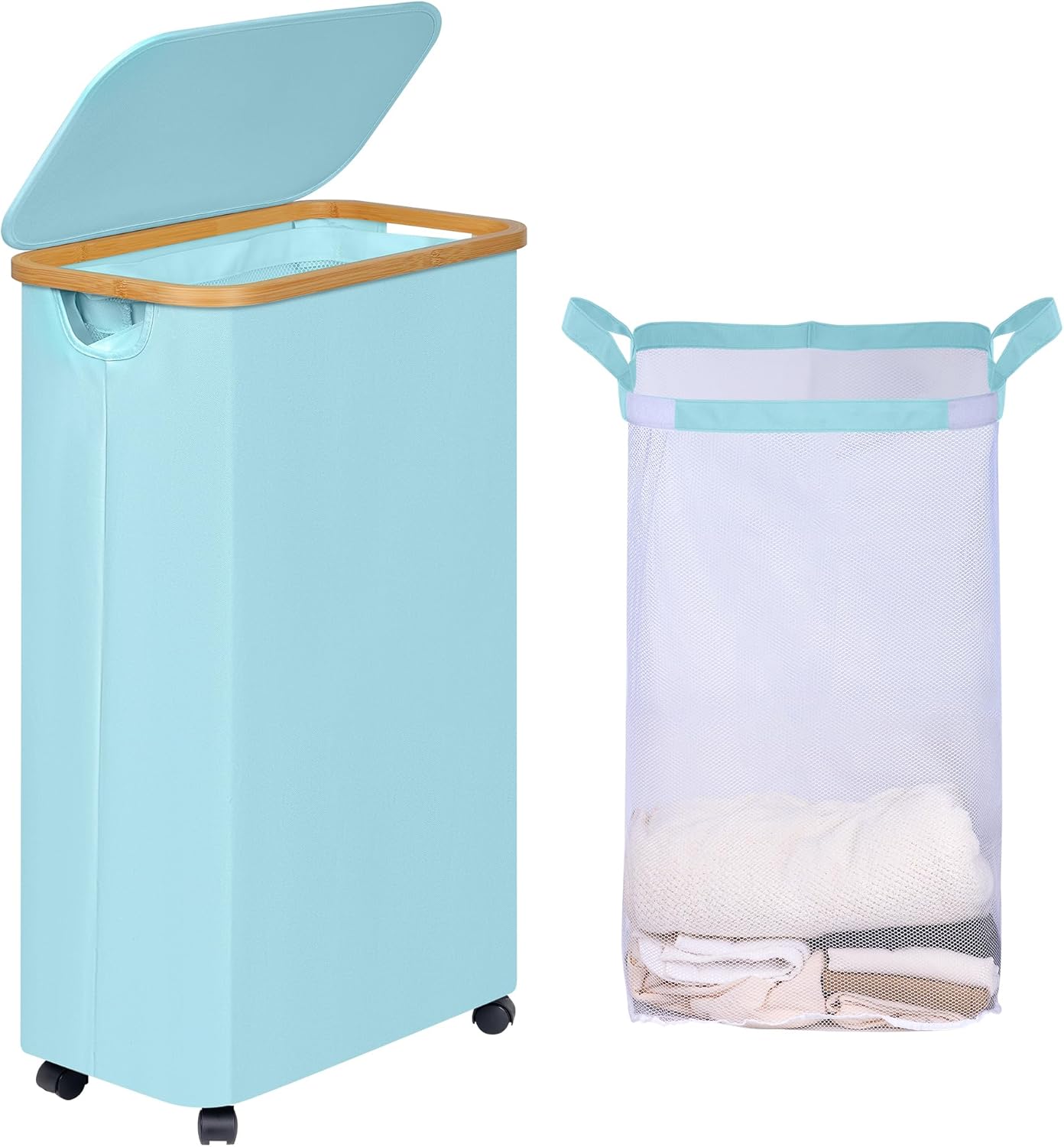 efluky Laundry Basket with Wheels, Tall Rolling Laundry Hamper with Lid and Removable Bag, Aesthetic Dirty Clothes Hamper on Wheels for Laundry Room, Bedroom, Dorm and Bathroom, 75L Glacier Blue