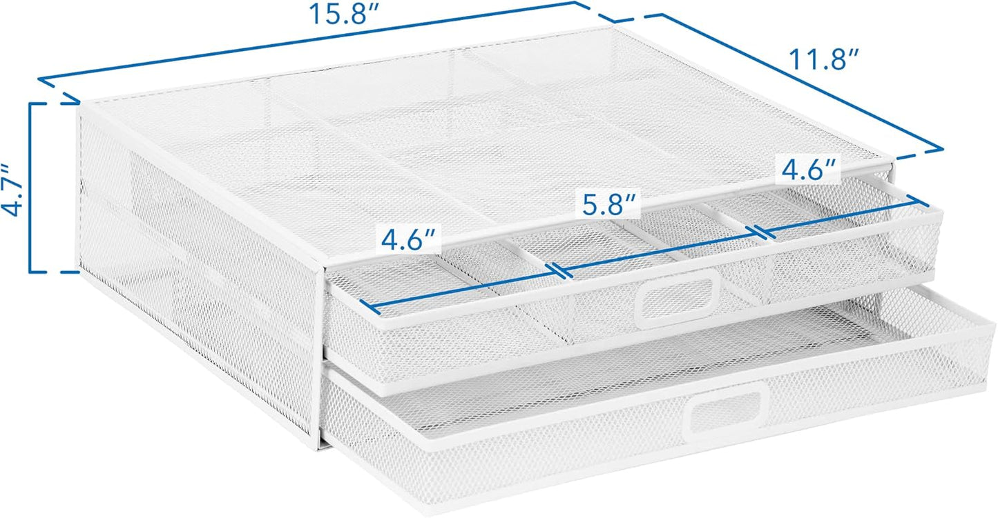 Mount-It! Mesh Computer Monitor Stand Riser [Metal] Desk Organizer with Two Pullout Storage Drawers for Desktop, Laptop, and Printer Accessories and Office Supplies (White)