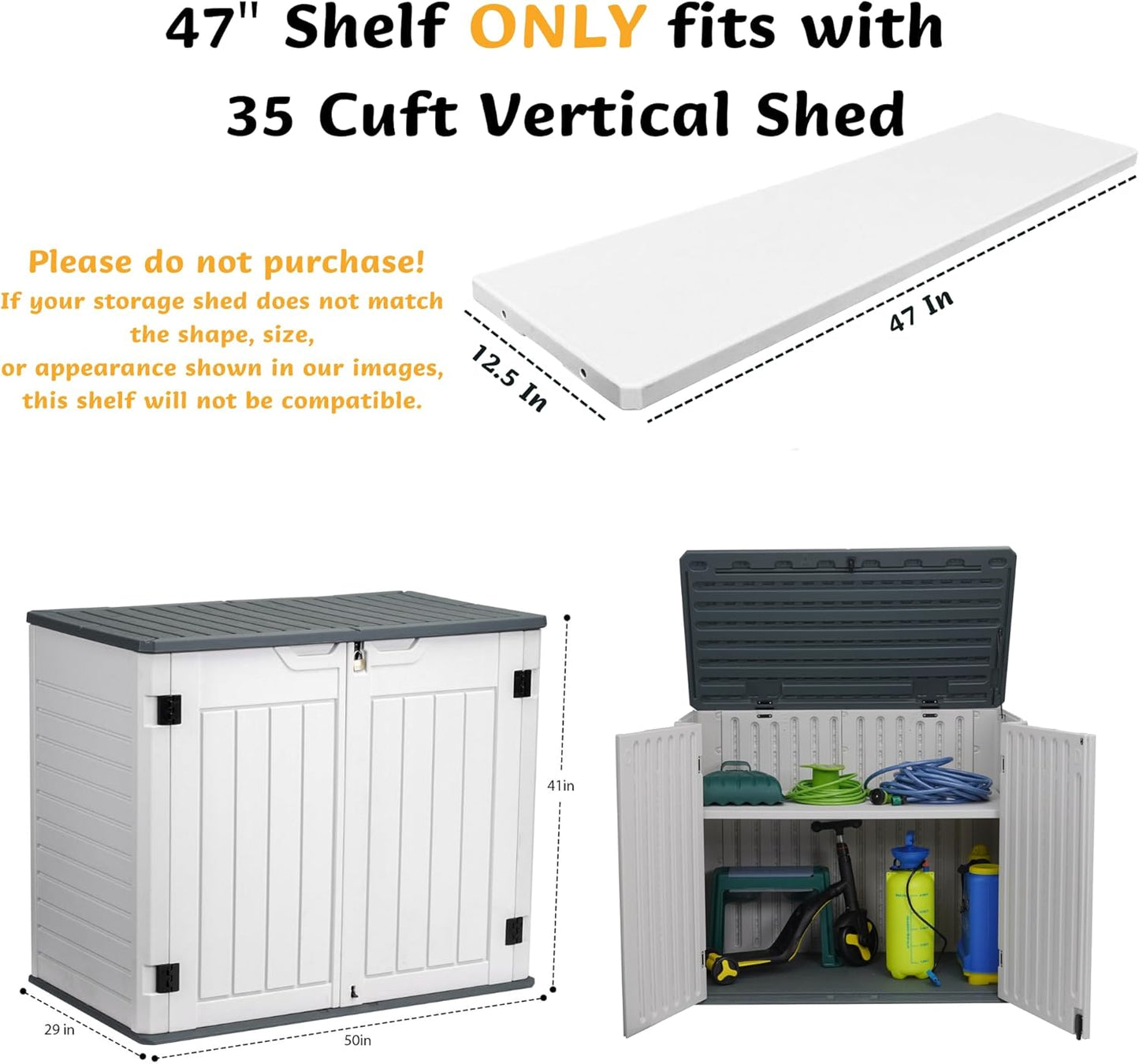 EHHLY 35 Cuft Outdoor Storage Shed Shelf(2 Shelves ONLY, No Cabinet), Outdoor Storage Cabinet Shelves for 4x2.5 Ft Shed, Horizontal Resin Storage Shed Accessories, Dark Grey