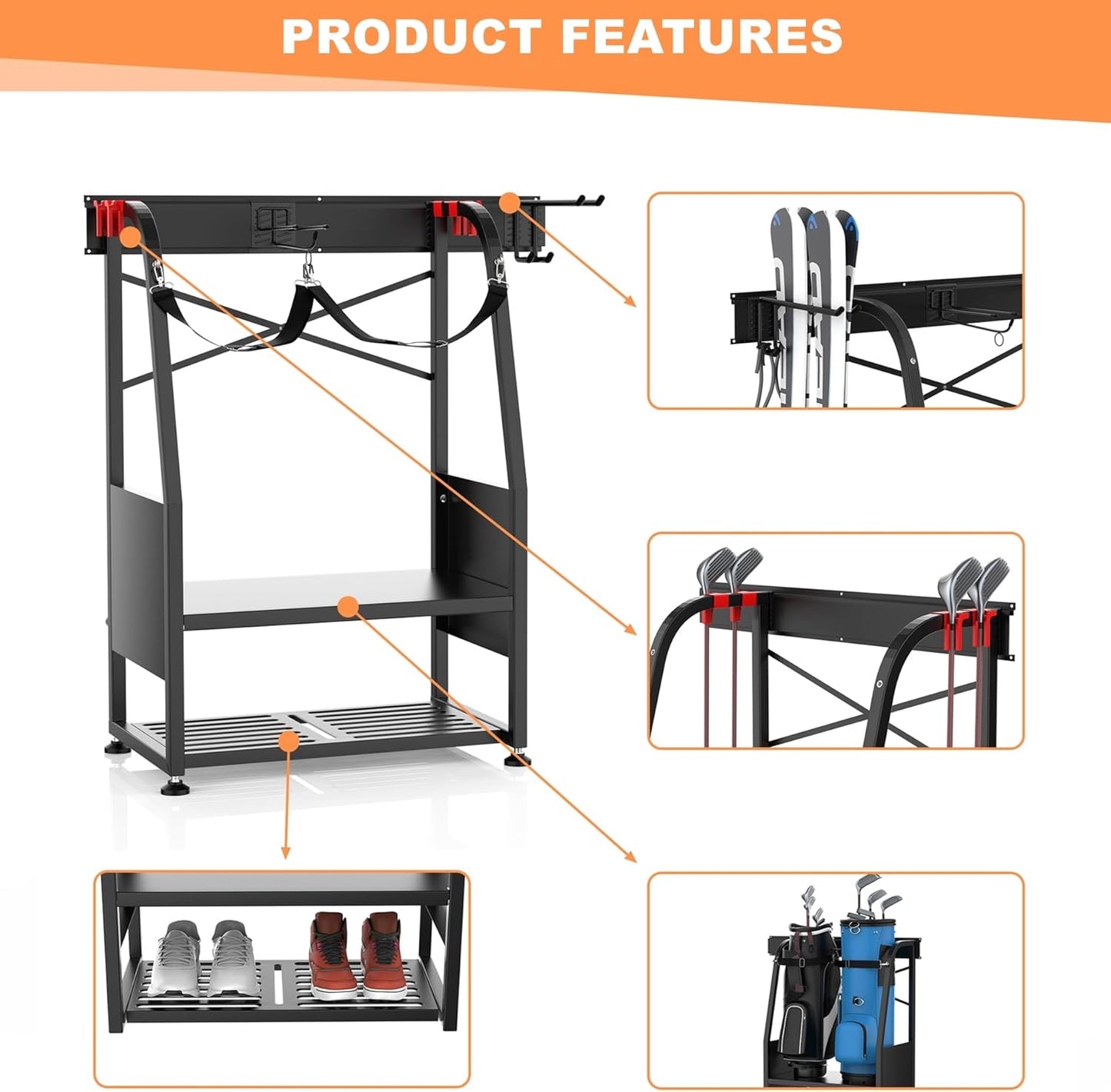 WALMANN Wall Mount Golf Bag Organizer, 2 Golf Bags Stand Golfing Equipment and Accessories Storage Rack for Garage Shed Basement