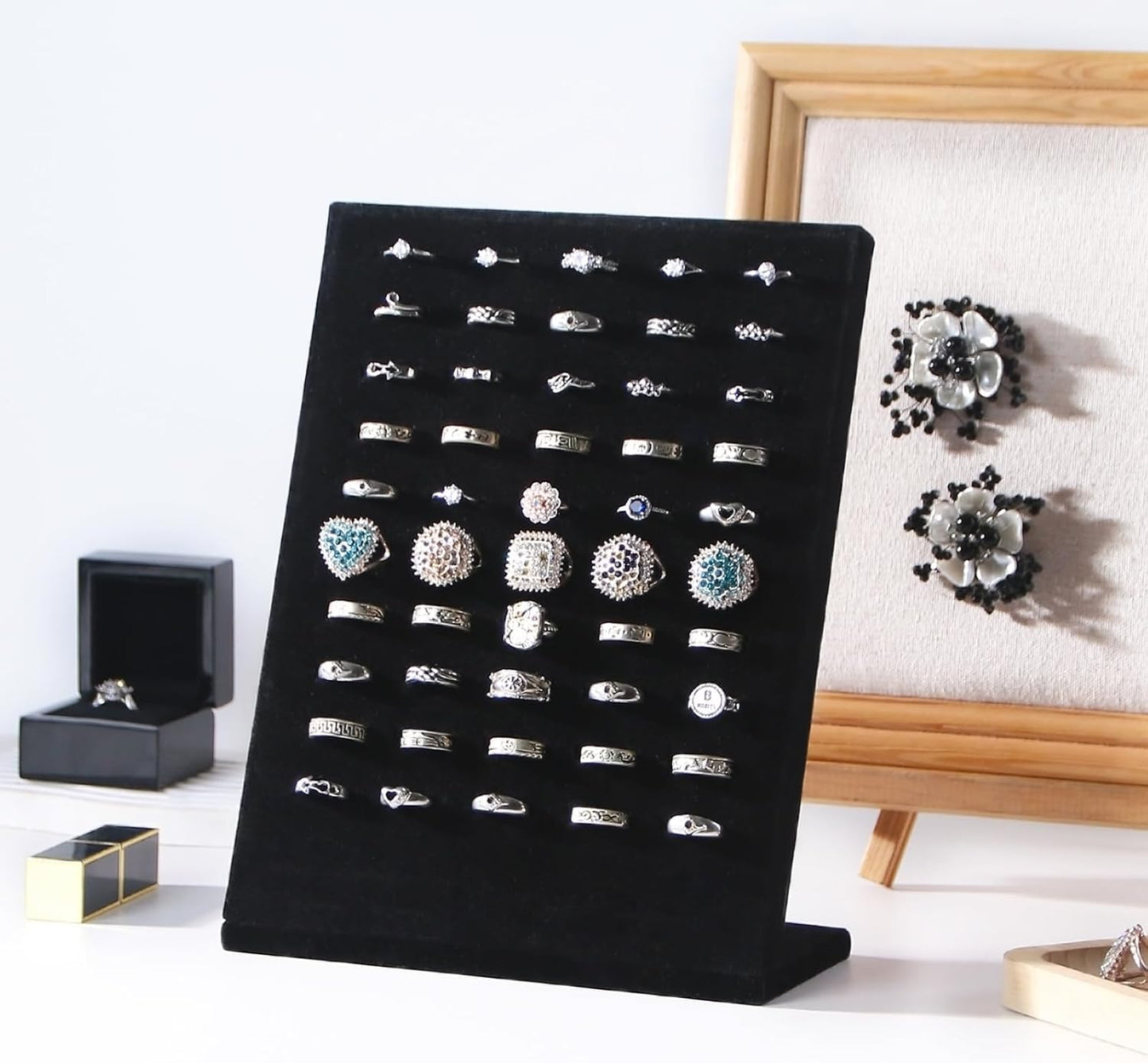 50 Slots Rings Display Stand, Ring Organizer Holder Stand for Selling, Ring Jewelry Pad Showcase Storage Tray for Home or Shop Sell Show (Black 2PC)