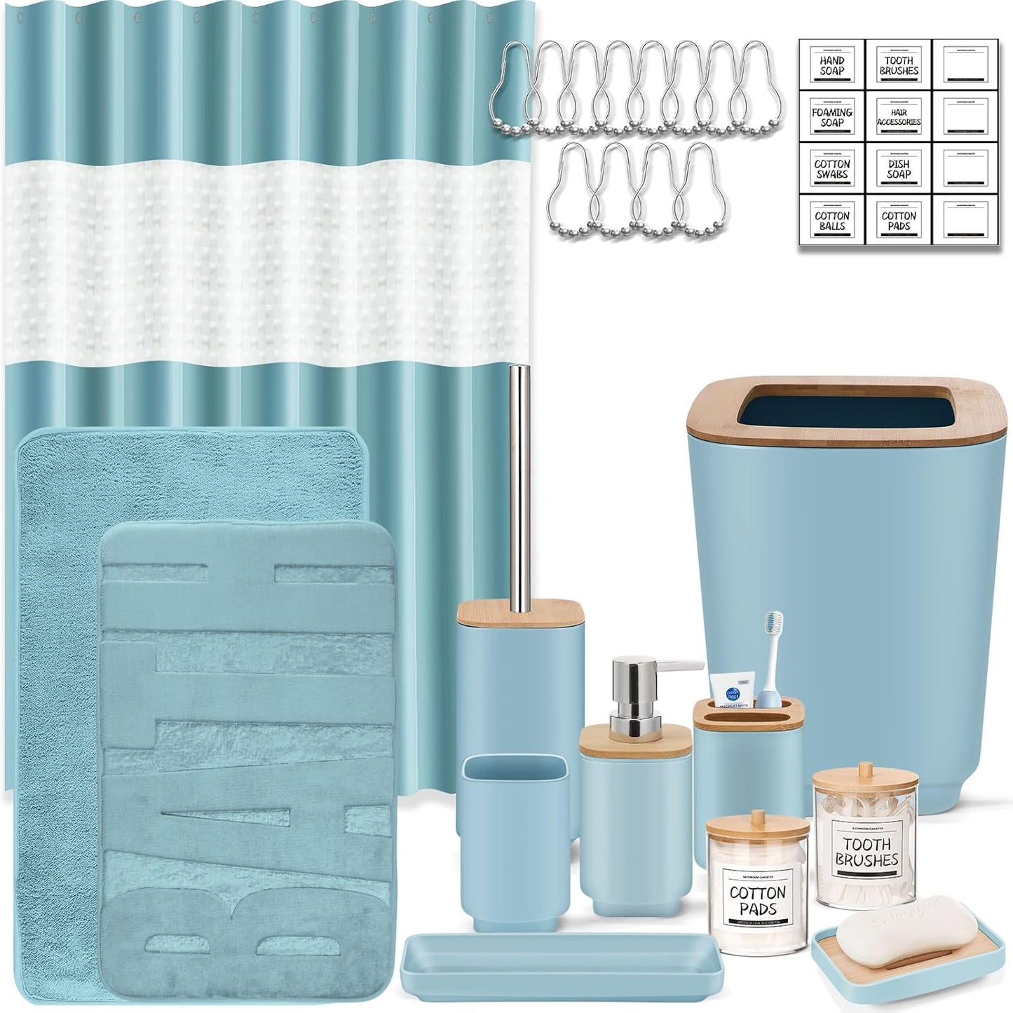 Bathroom Accessories Set,Blue Bathroom Set,24 Pieces Bathroom Accessory Set with Shower Curtain,Trash Can for Bathroom Accessories Décor and Home Gifts