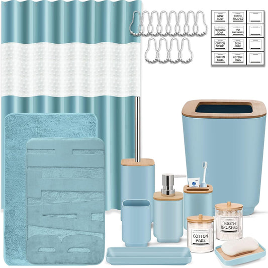 Bathroom Accessories Set,Blue Bathroom Set,24 Pieces Bathroom Accessory Set with Shower Curtain,Trash Can for Bathroom Accessories Décor and Home Gifts