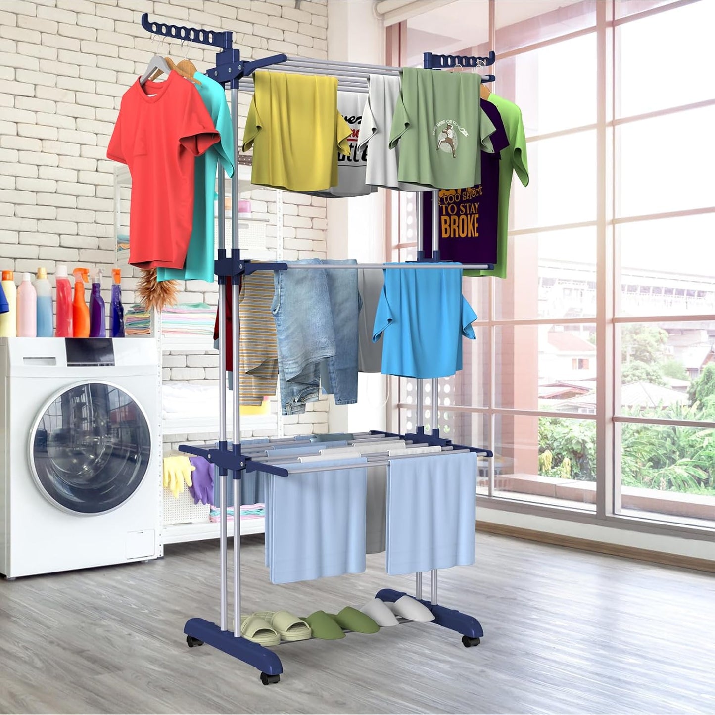 Bigzzia Clothes Drying Rack, 67.7 Inch Laundry Drying Rack with Foldable Base, 4 Tier Stainless Steel Drying Rack Clothing, Movable Laundry Rack for Indoor Outdoor-Blue