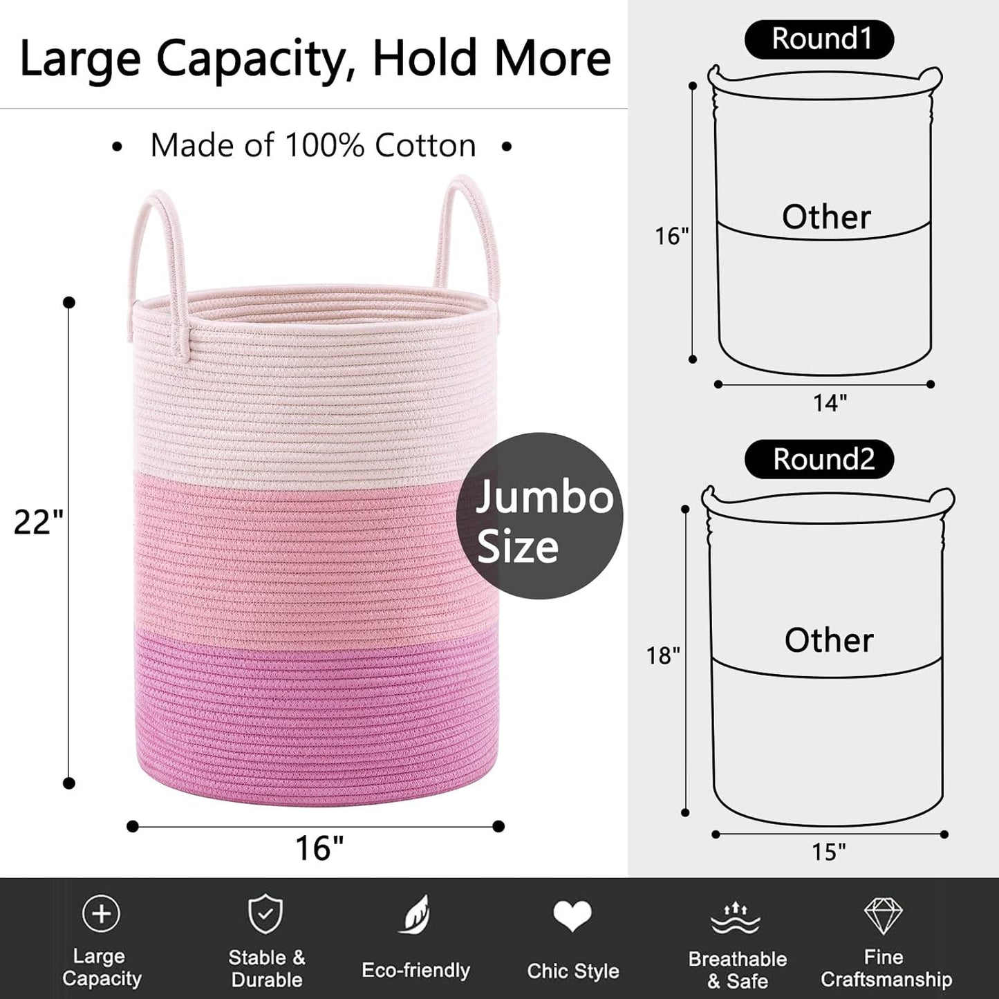 YOUDENOVA Woven Rope Laundry Hamper Basket, 58L Tall Luandry Basket, Baby Nursery Hamper for Blanket Storage, Clothes Hamper for Laundry in Bedroom-Large-Pink