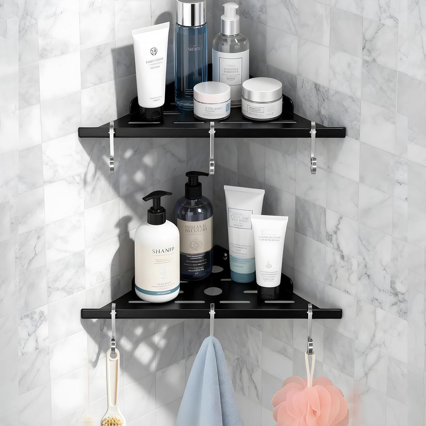Shower Corner Shelf 304 Stainless Steel Shower Caddy 2 Tier Shower Organizer Niche Extra 6 Hangers Shelves 40 lbs Large Capacity Bathroom Storage for Inside Anti-Rust Drilling Installation (Black)
