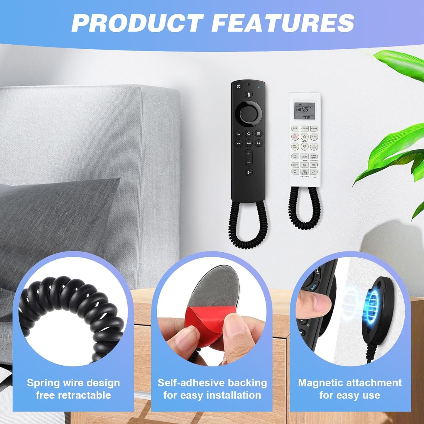 Magnetic Remote Control Holder with Retractable Cord, Anti-Loss Wall Mount Adhesive for TV, Couch, Bedside Table, Strong Spring Rope Organizer for Small Items, 2-Pack Black