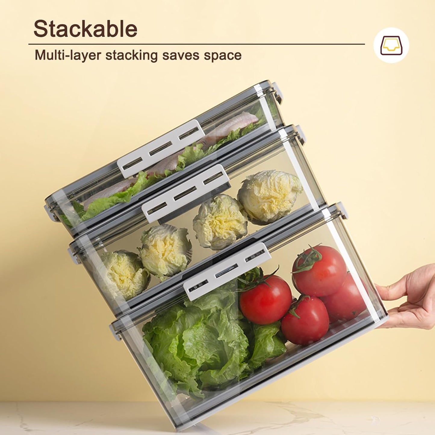 CottonColors Fridge Organizer, Food Storage Containers With Lids for Timer & Drain Board Stackable Refrigerator Organizers and Storage(Tall & Short, Small, 3.3 L + 1.5 L, 2 Pack)