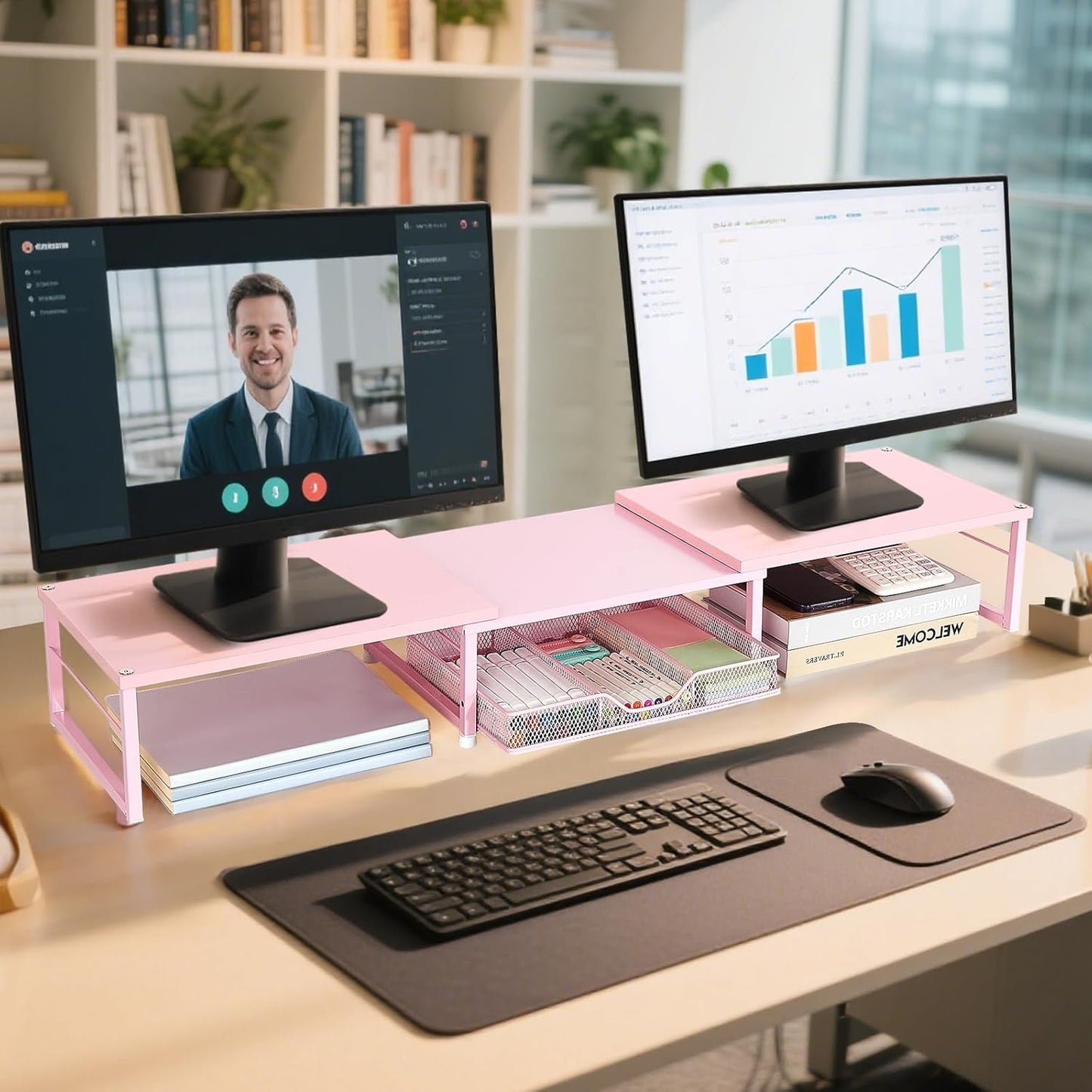 OPNICE Dual Monitor Stand Riser, Desk Organizer with Drawer, Office Desk Organizers and Accessories, Office Workspace Organization Computer Monitor Stand for Laptop, Printer, TV（Pink）