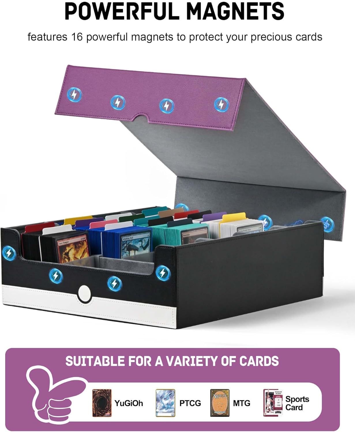 ZLCA Card Storage Box Holds 3200+, Deck Storage Case with 4 Stoppers, Card Organizer for TCG MTG PTCG(Purple& White)