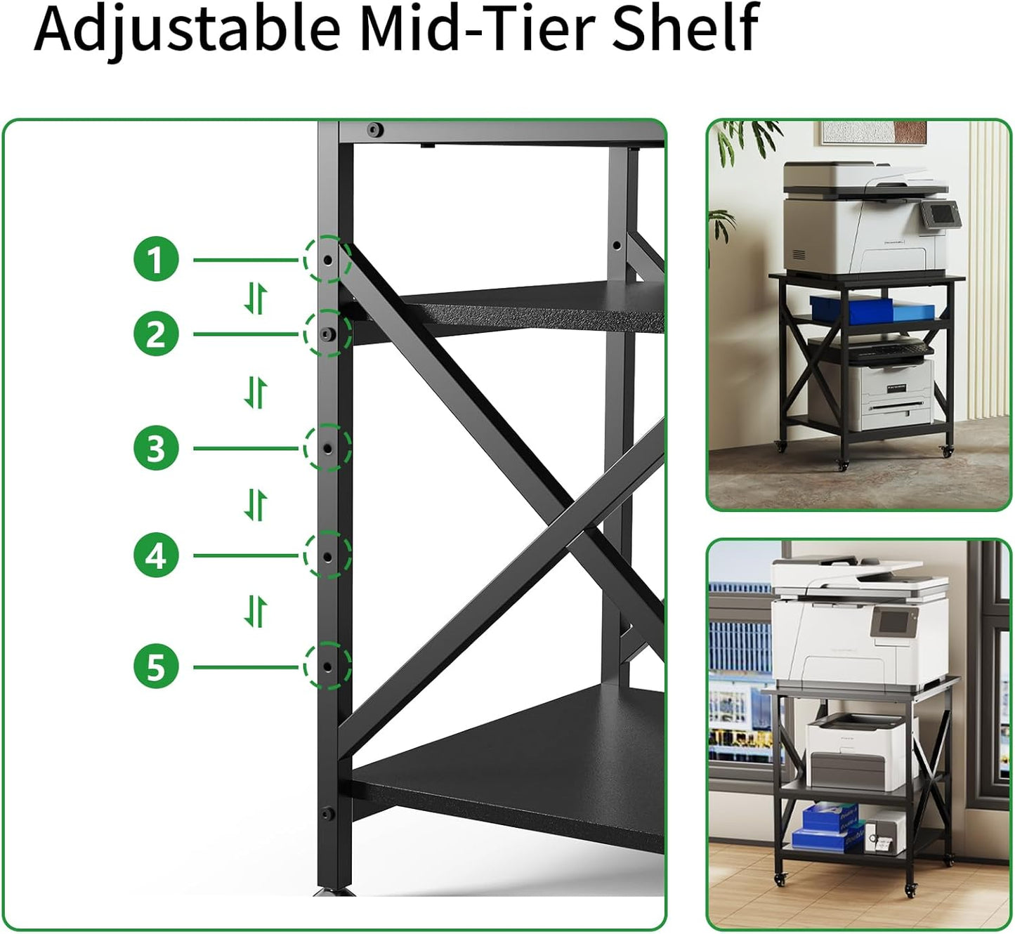 Ollieroo 3 Tier Printer Stand, Large Table with Wheels, Rolling Cart with Height Adjustable Middle Storage Shelf, 23.6 x 23.6 x 30.3 Inches Shelf for Home Office, Black
