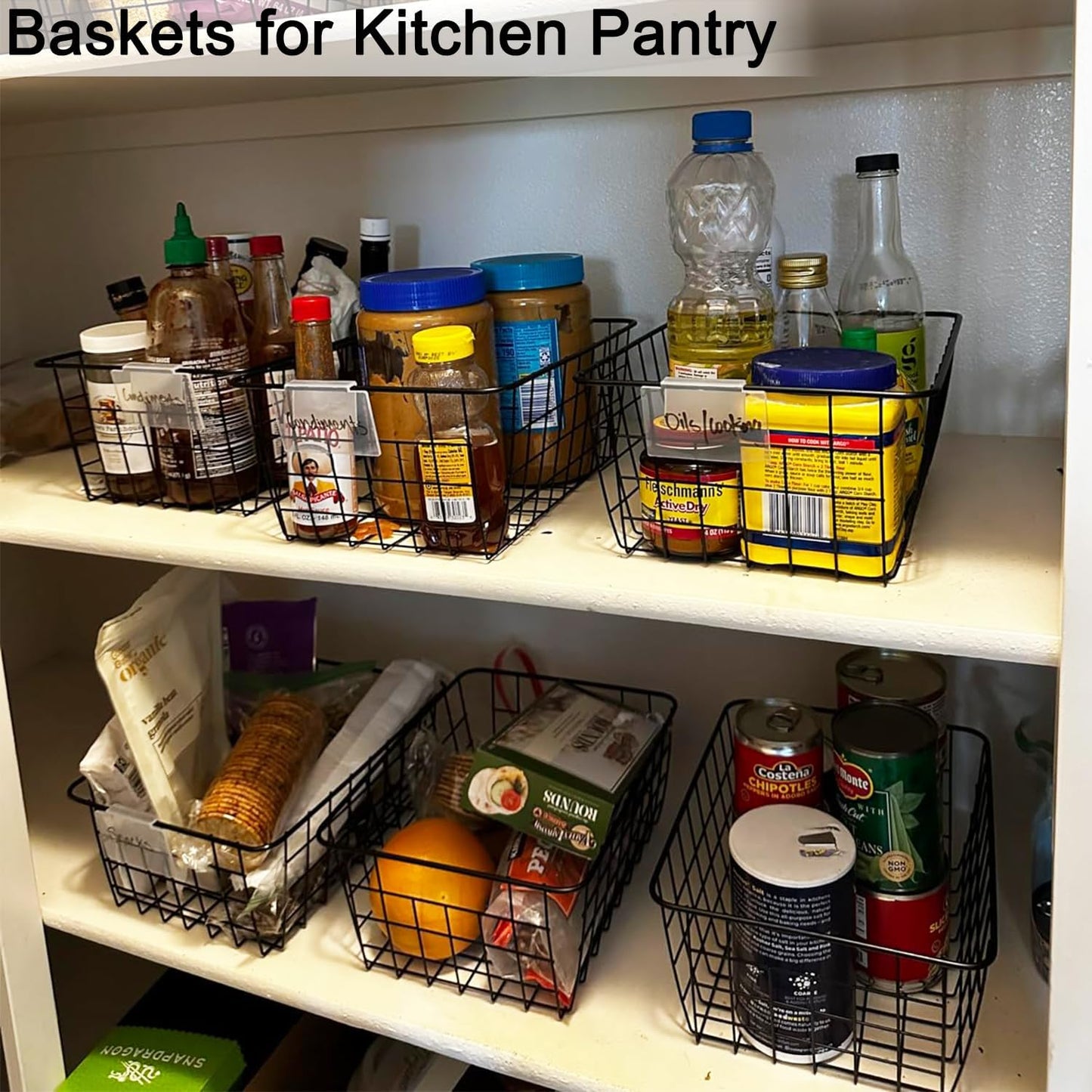 Wire Baskets for Organizing, 4 Pack Household Pantry Basket Black Metal Storage Bins Wire Storage Baskets Metal Baskets for for Home Office Kitchen, Bathroom