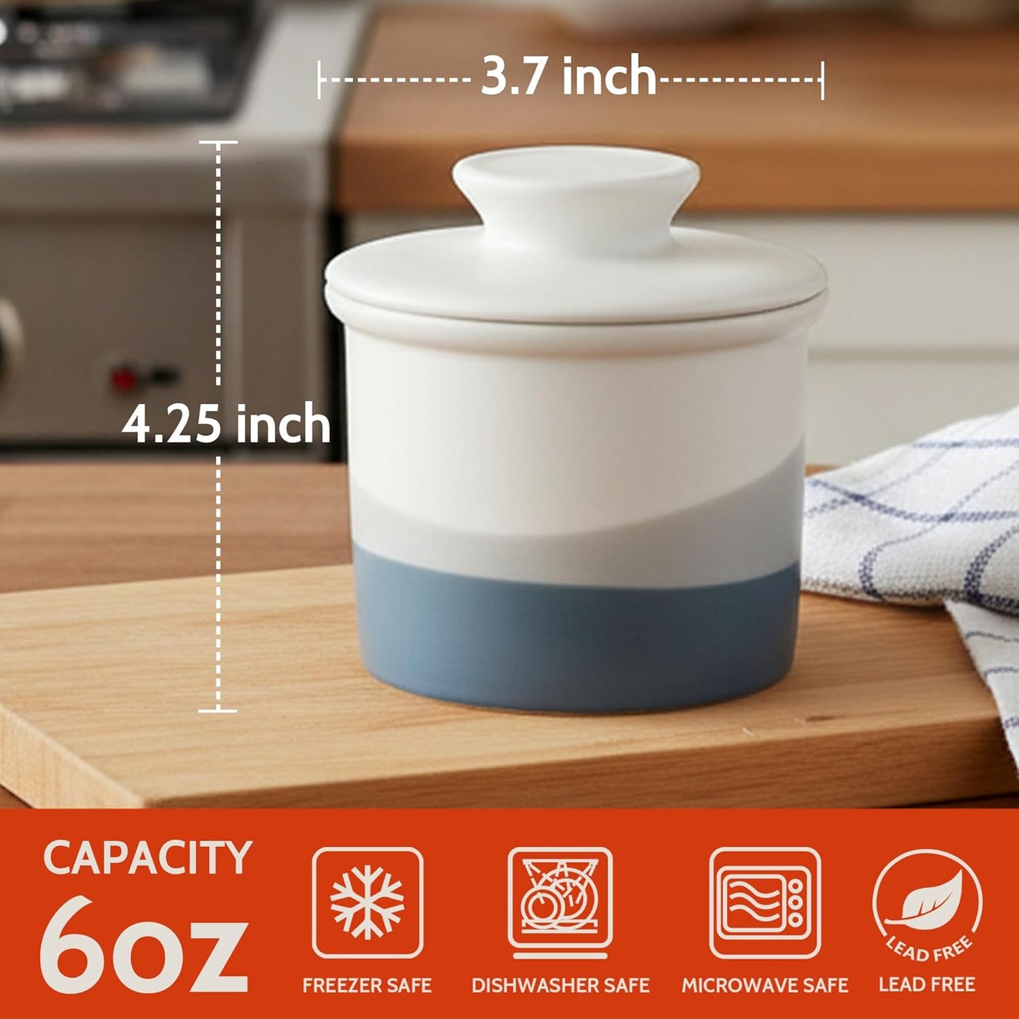 Sweese Light Blue French Butter Crock with Lid – Ceramic Butter Keeper Crock with Water for Countertop Use, Matte Glazed French Butter Keeper, Dishwasher & Microwave Safe
