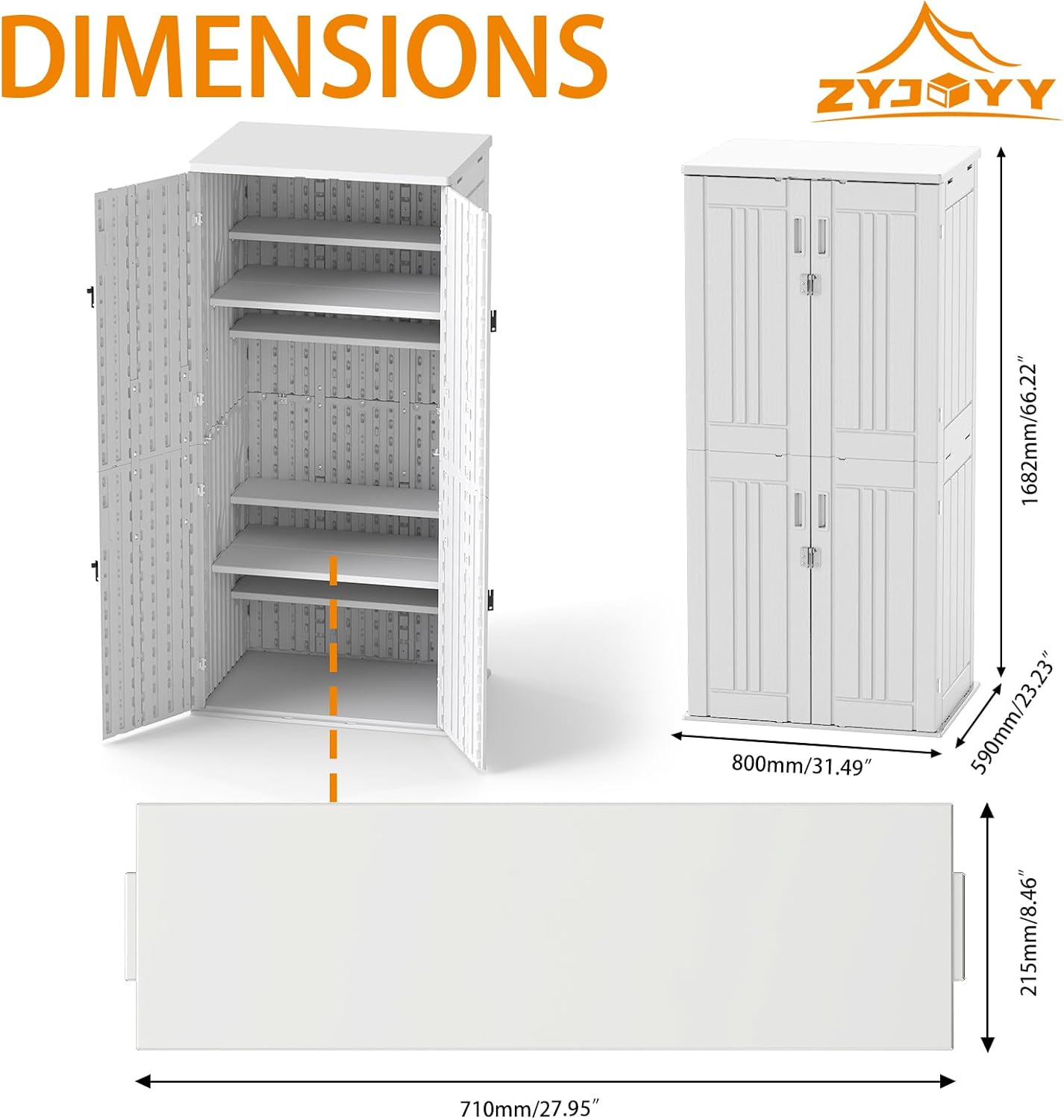 Outdoor Storage Cabinet with 4 Shelves,31.5" x 23.23" x 66.22" White Waterproof Shed,Waterproof Resin Vertical Tool Shed, Lockable 30 cu.ft. Storage Shed for Patio, Garden, Yard, White