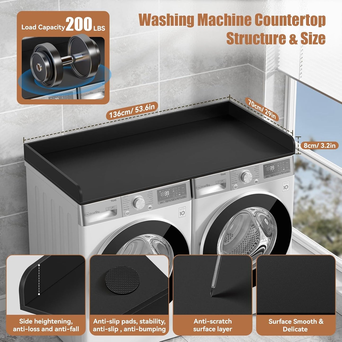 Washer Dryer Countertop, 27.5" D x 54" W Washer and Dryer Topper Covers with Edge Rails, Wood Laundry Room Countertop Shelves for Laundry Room Organization and Storage (Black)