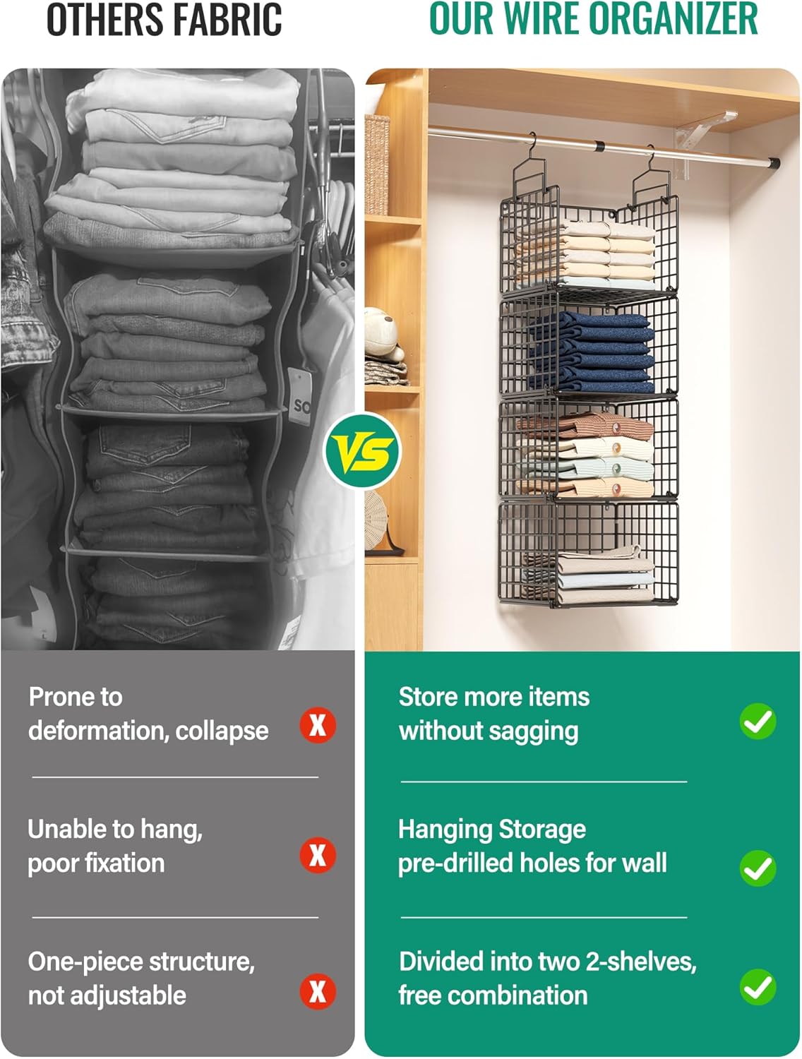 Hanging Closet Organizer, 4 Tier Metal Closet Organizers and Storage with 4 Hanging Hooks 4 S-Hooks for Wardrobe Laundry Room, Wire Storage Shelf for Clothes Sweaters Pants (Black)