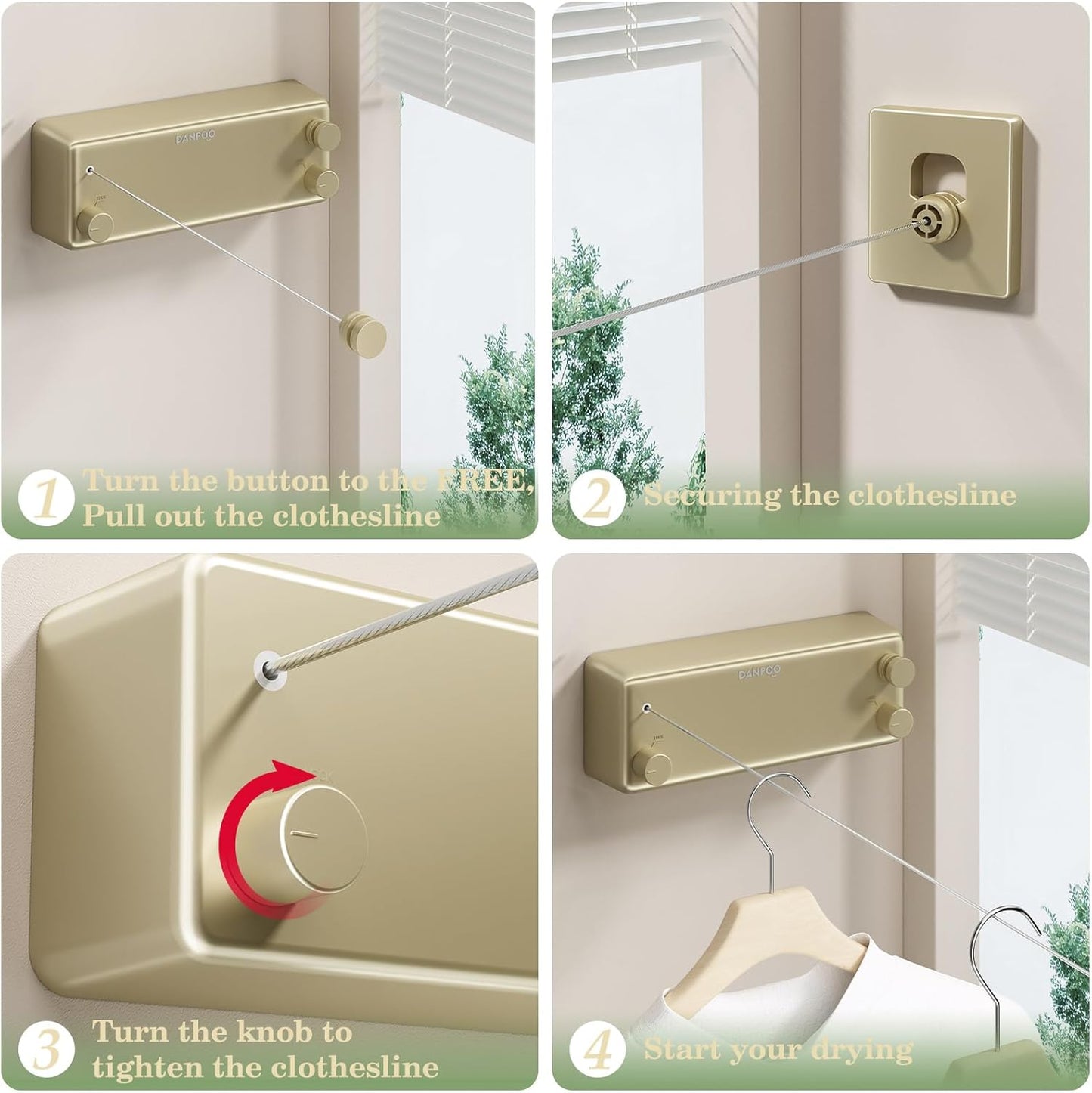 Danpro Retractable Clothesline, 2x13.8ft Designer Drying Line for Luxury Bedroom/Closet, Seamless Blending with Modern Interiors(Gold)