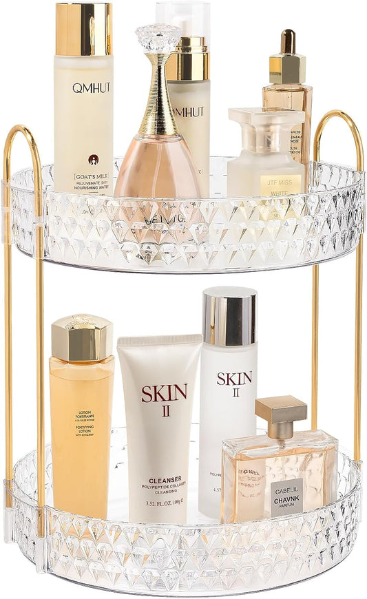 Rotating Makeup Organizer for Vanity, 2 Tier Perfume Skincare Storage for Women, Bathroom Counter Organizer, 360 Spinning Cosmetic Holder for Dresser Countertop, Clear