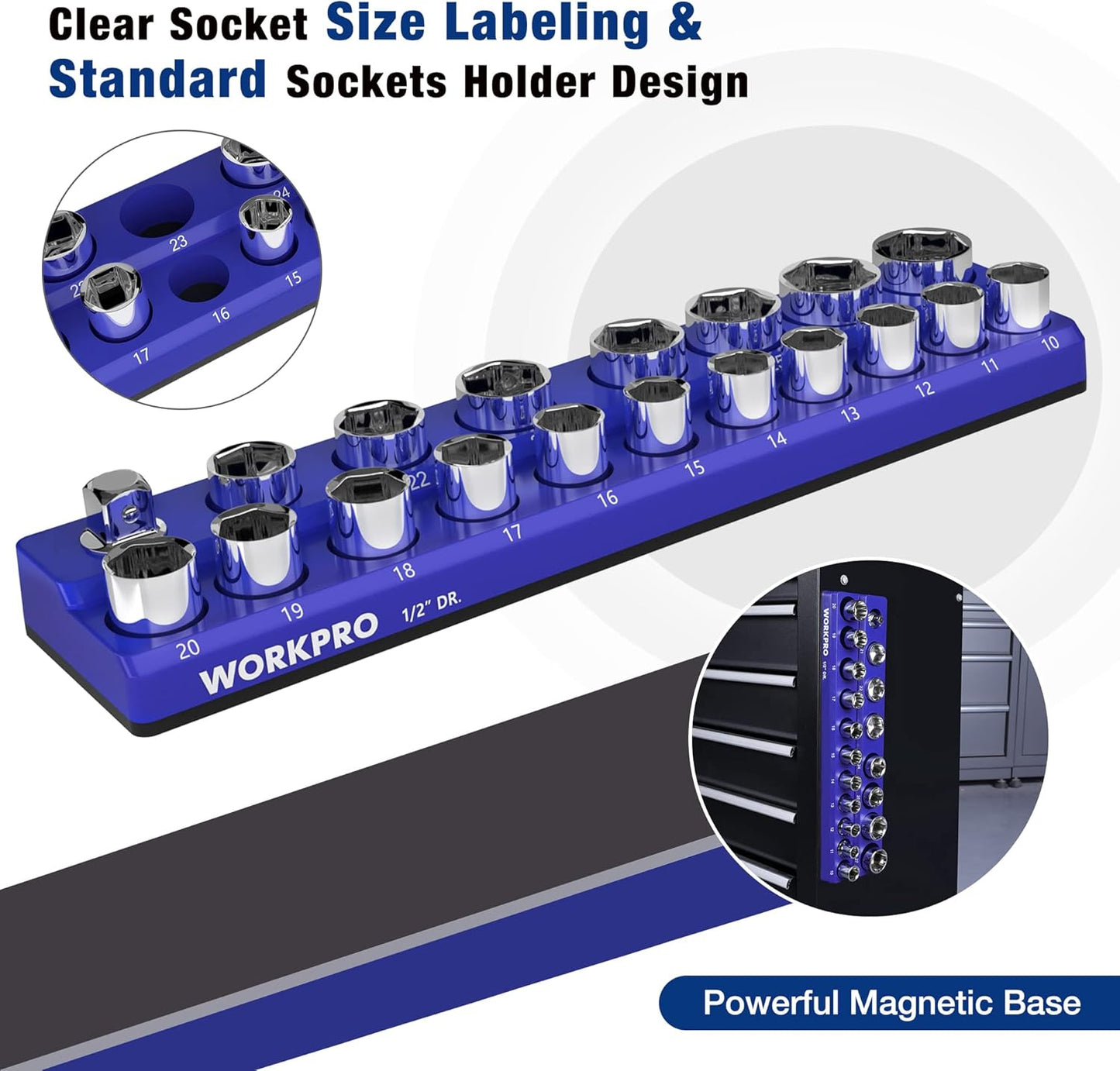 WORKPRO Magnetic Socket Organizer, 1/2-Inch Metric Socket Holder, Socket Trays Holds 19 Pieces Standard Size and Deep Size Sockets(Sockets not Included)