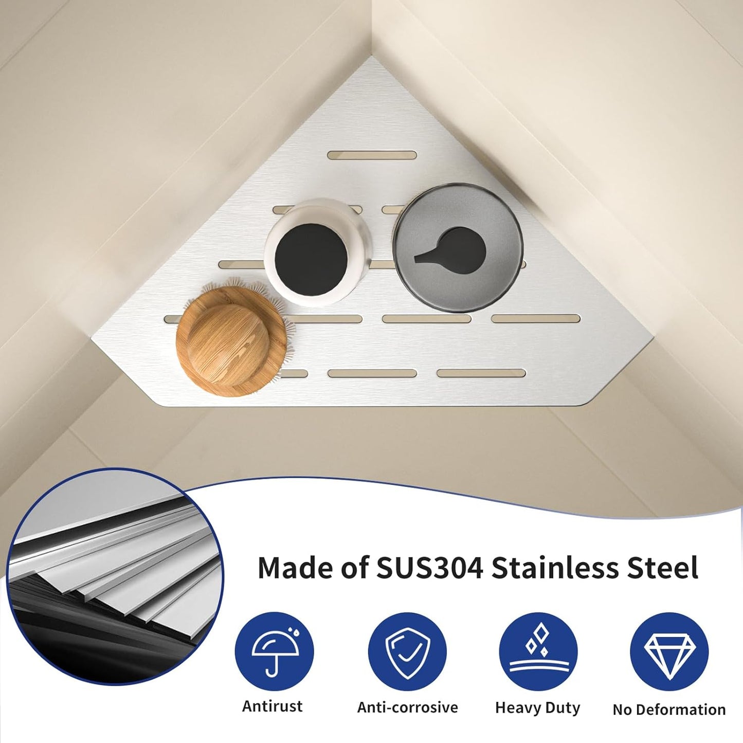 Corner Shower Shelf, 304 Stainless Steel Pentagonal Heavy Duty Floating Corner Sheves Slot Design Recessed Bathroom Shelf for Tiled Wall 2 Pack(Brushed, 8"-2 Pack)