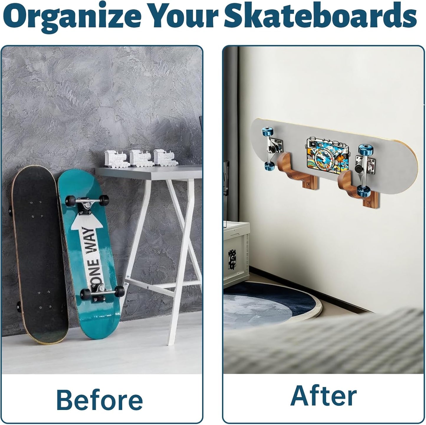 Skateboard Wall Mount, Wooden Horizontal Skateboard Rack Wall Hanger Display and Storage